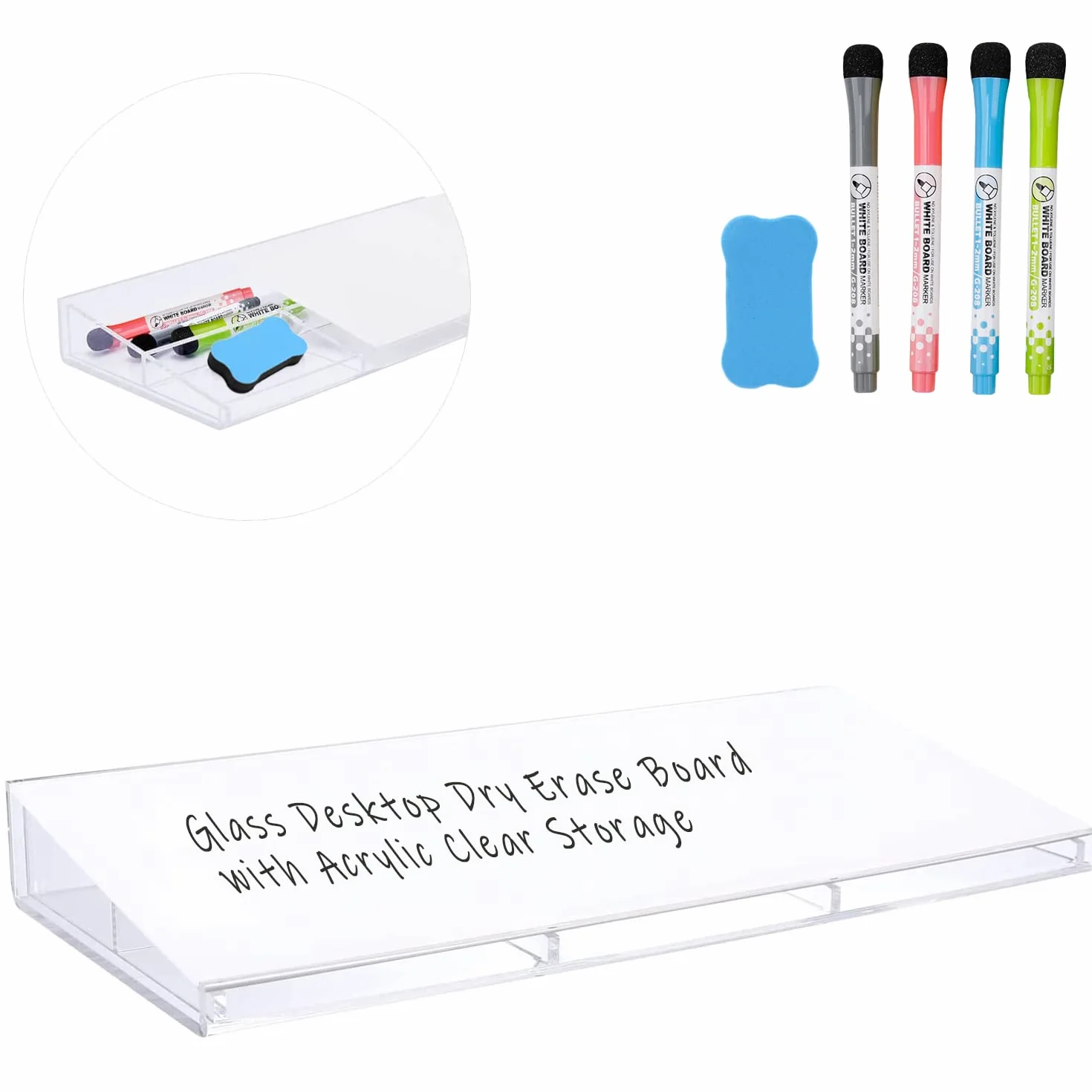 Lavagna Bianca Vetro, DIGIELE Cancellabile a Secco Lavagna in Vetro, Supporto per Tastiera + Organizer da Scrivania in Acrilico + 4pcs Pennarelli e 1pc Gomma per Ufficio, Casa e Scuola (Transpante)
