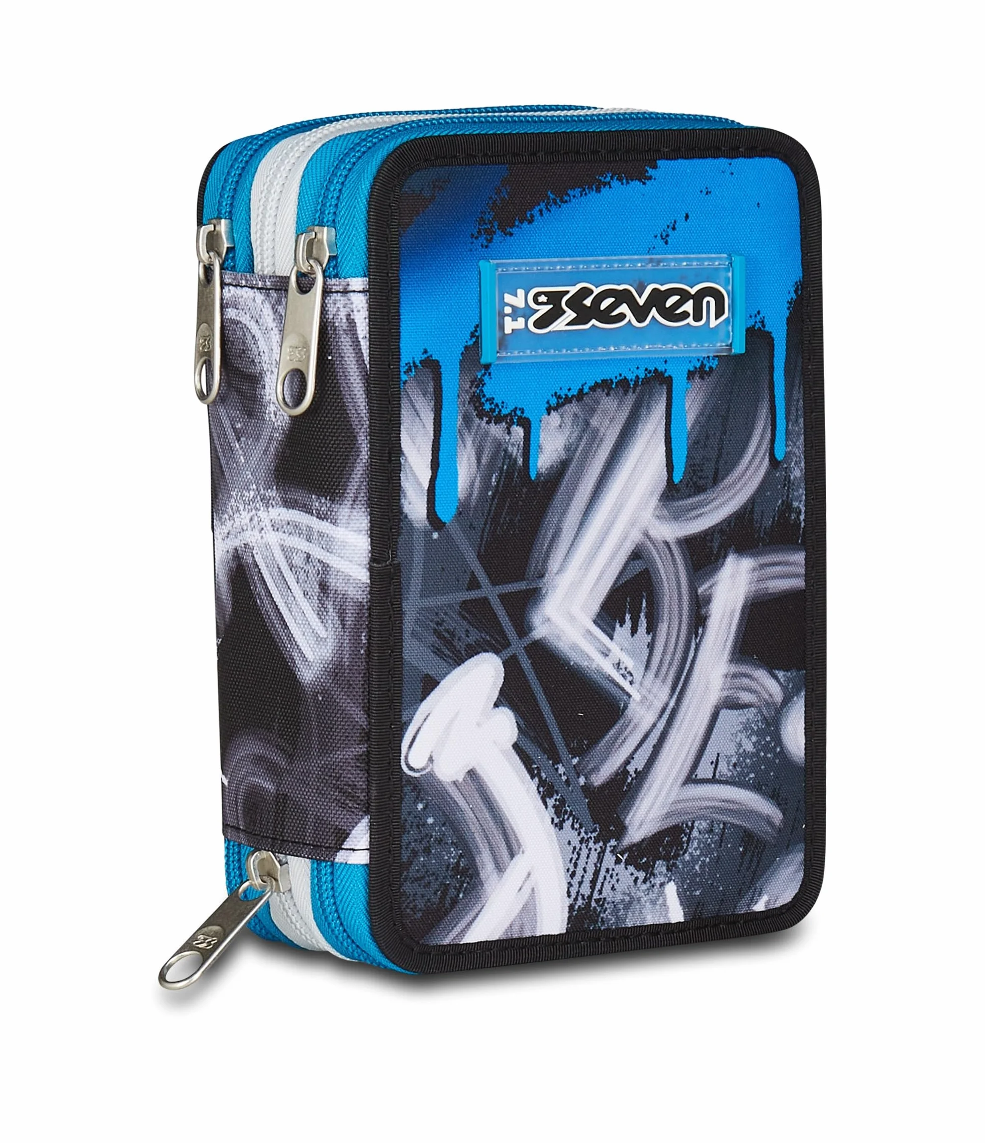 Seven Astuccio Scuola 3 Zip Portapenne Triplo Scomparto Grigio Azzurro