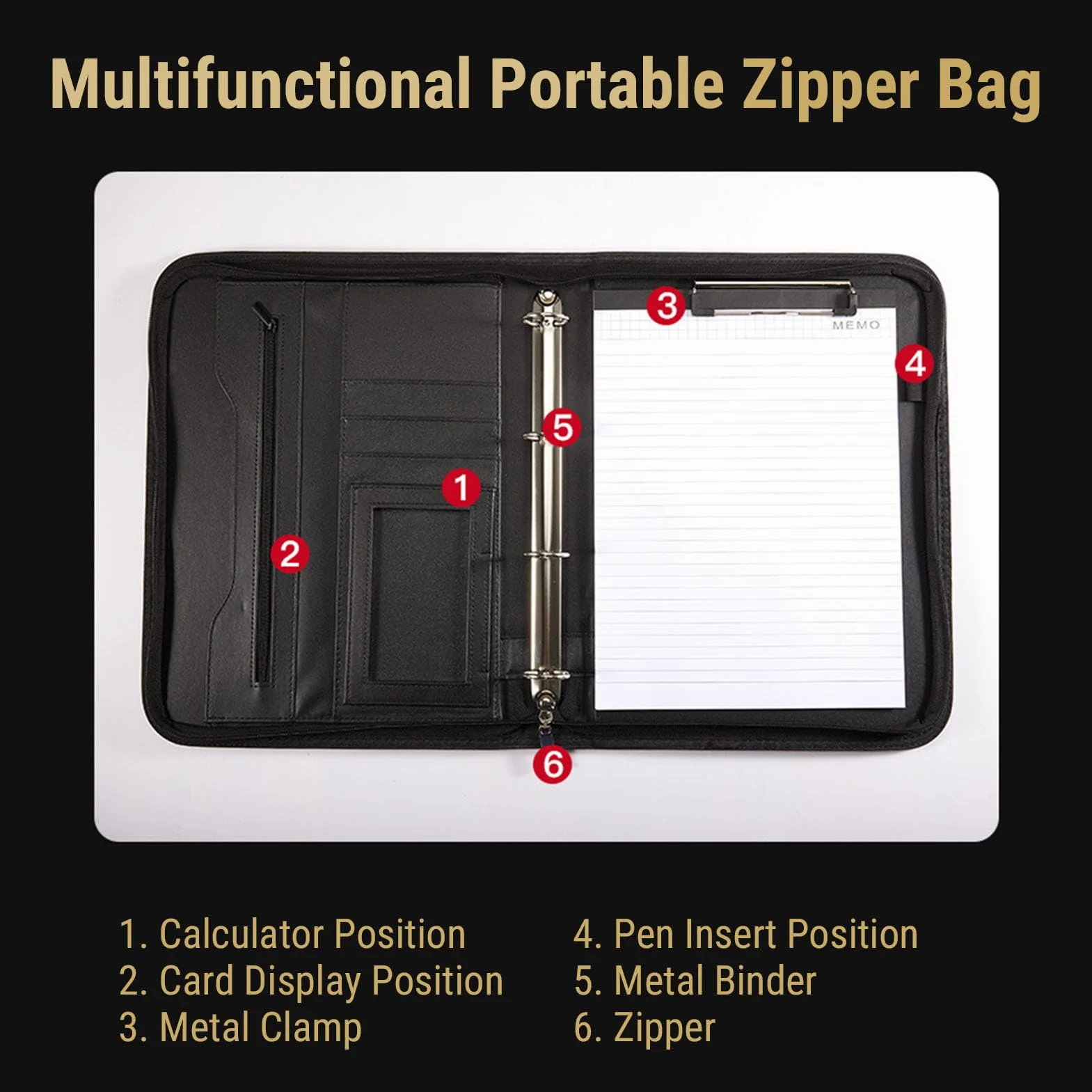 Portafoglio aziendale con cerniera, 10 buste portadocumenti trasparenti, pelle PU, taccuino da 30 fogli, calcolatrice solare a 12 cifre, cover per tablet da 10,1 pollici, nero
