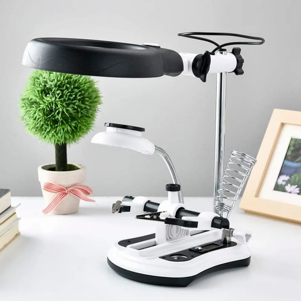 Lente d'Ingrandimento e Lampada da scrivania, Supporto con Lente d'Ingrandimento, Morsetto e Clip a Coccodrillo.,