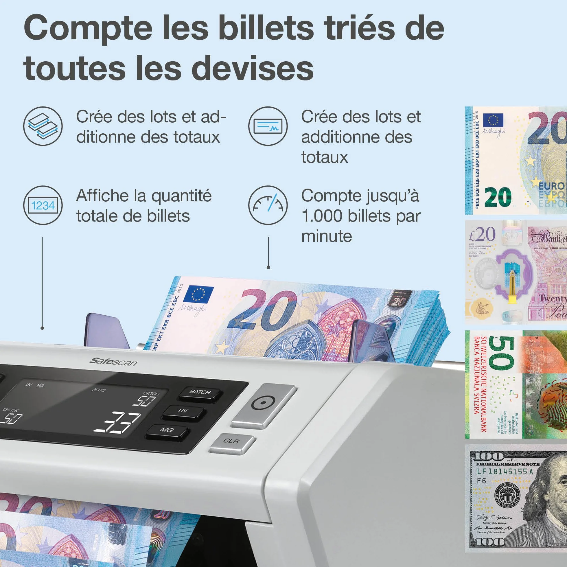 Safescan 2250 contabanconote che conta banconote ordinate - Contabanconote con verifica banconote a 3 punti - Contabanconote per banconote ordinate e per tutte le valute