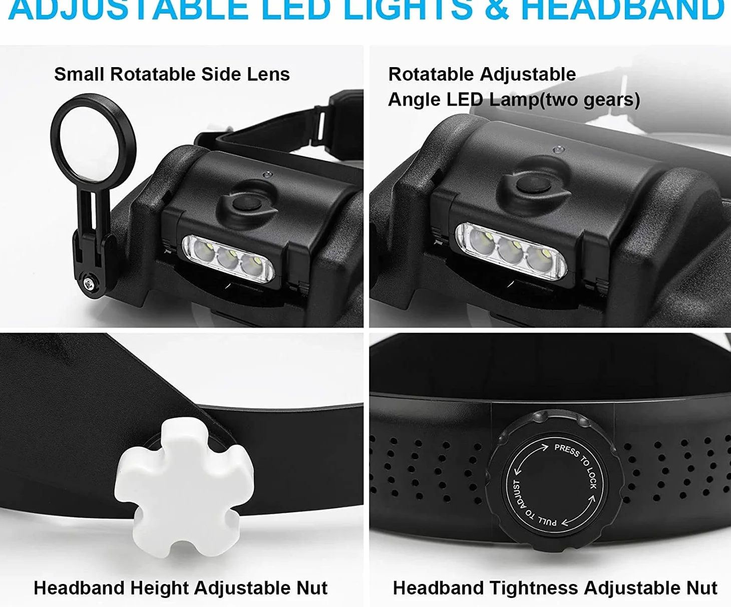 Dilzekui Lente d'ingrandimento con luce LED, ricaricabile nera, lente d'ingrandimento con 6 lenti staccabili, custodia per il trasporto, lenti di ingrandimento a mani libere per lavori ravvicinati