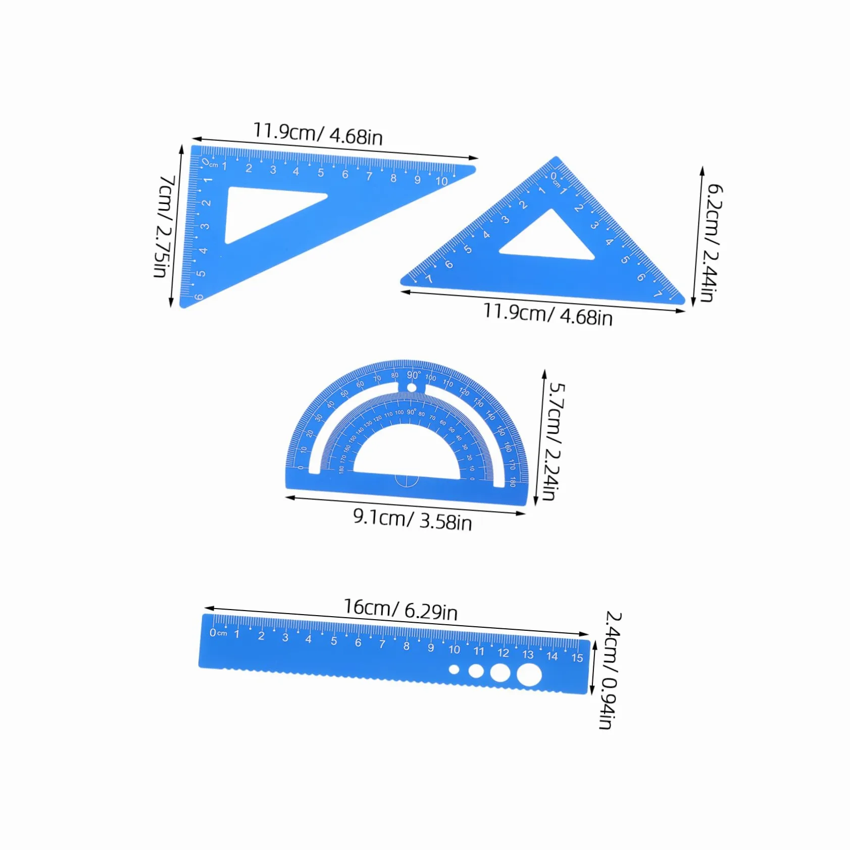 Angoily 5 Set Set di gust sovrano di precisione triangolo geometrico scuola classe fornitura di disegni di architettura righello triangolare da disegno professionale Lega di alluminio Blu