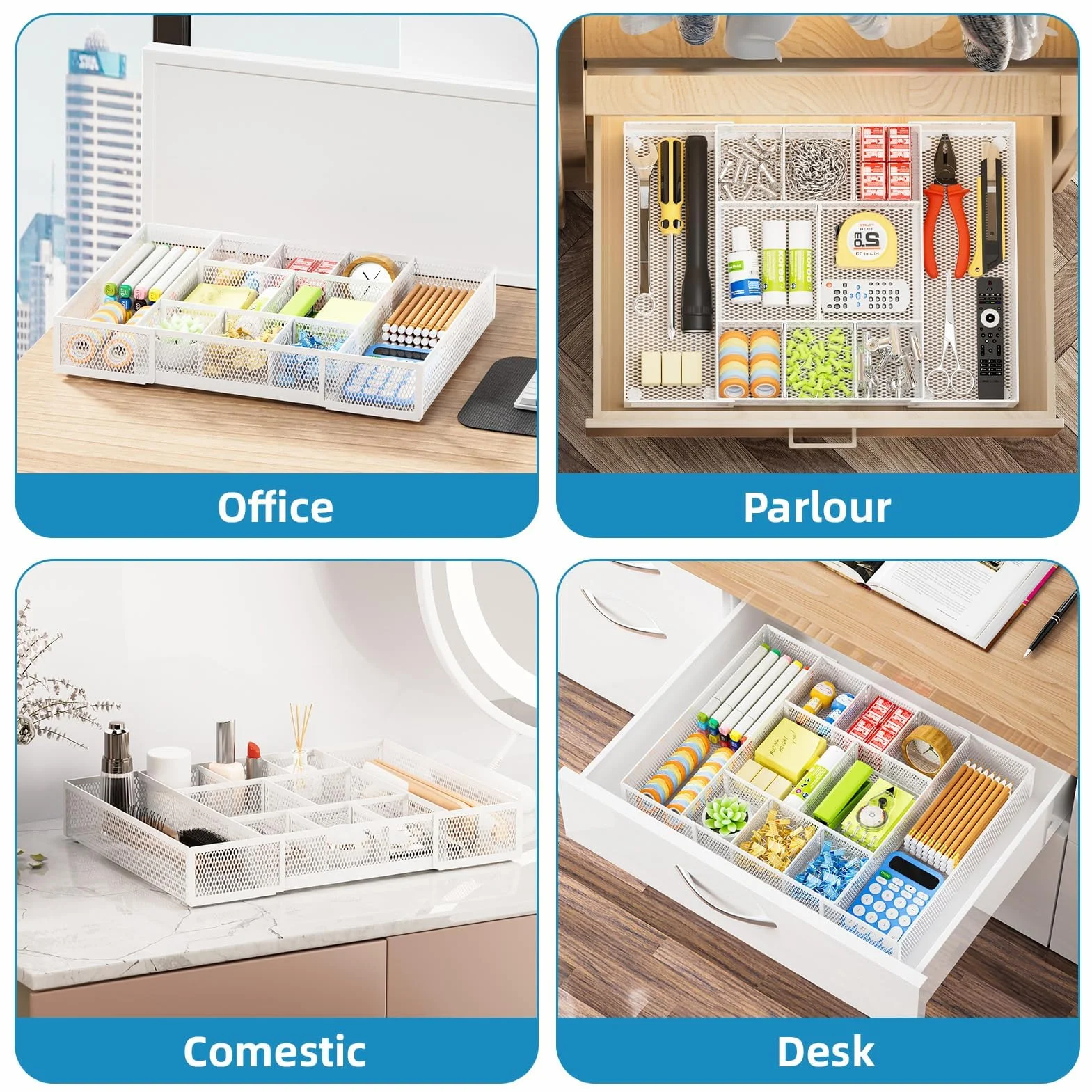 Marbrasse Organizer Cassetti Portaoggetti Scrivania in Rete 10 Scomparti Regolabili Bianco