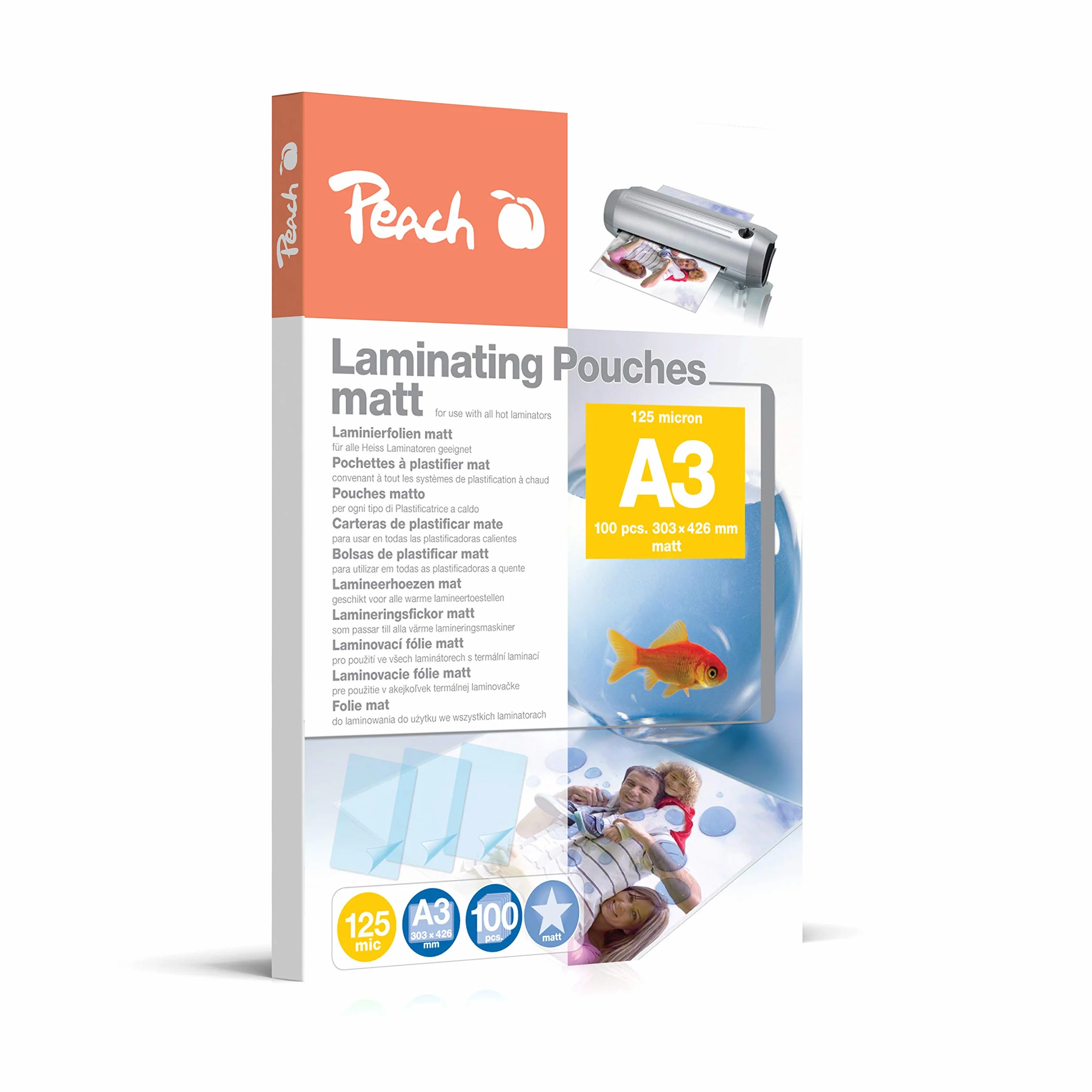 Peach Pellicole plastificatrici A3 – 125 mic – 100 pouches – opaco – scrivibile – qualità premium per i migliori risultati di laminazione – compatibile con dispositivi di tutti i produttori –