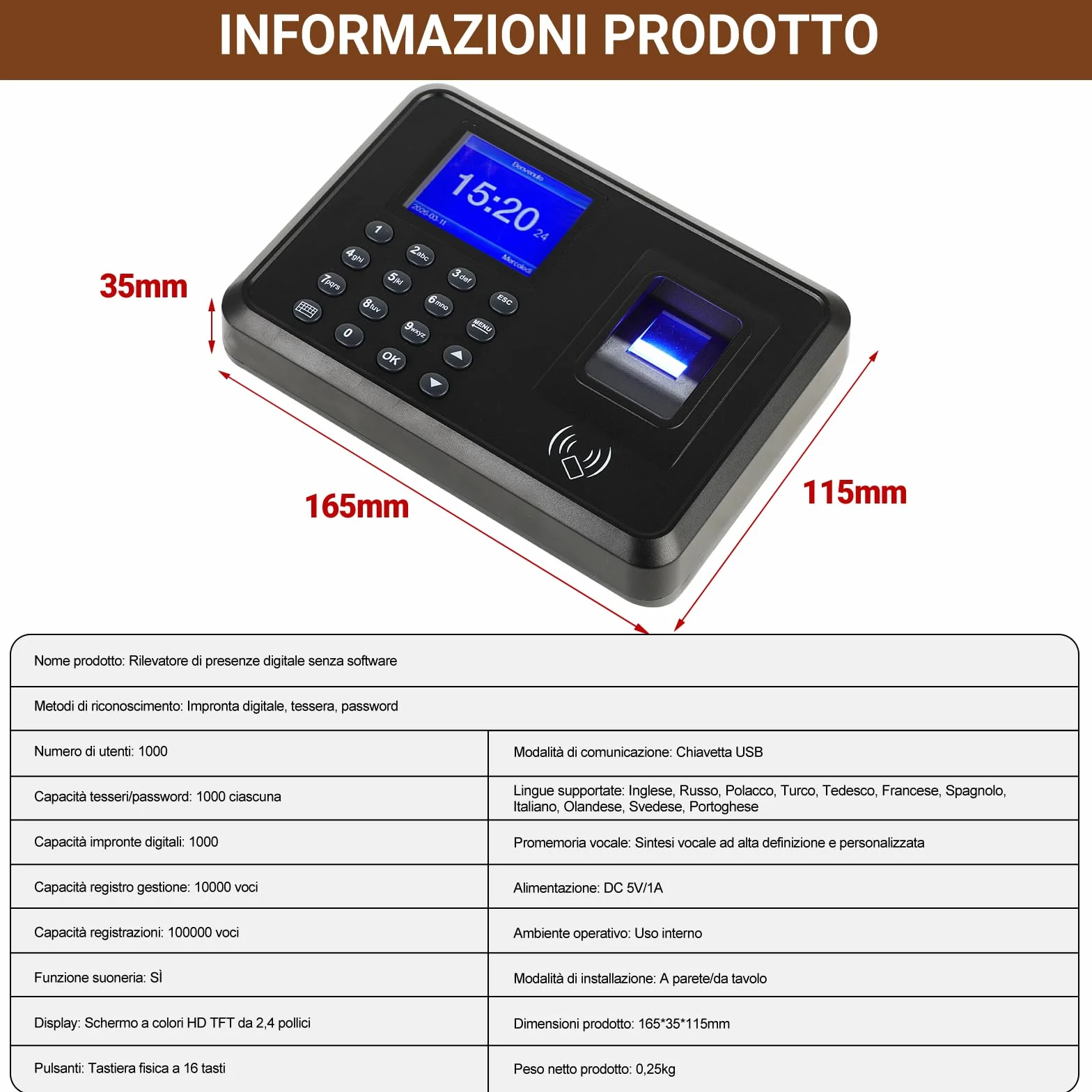 Orologio Marcatempo Biometrico per Piccole Imprese – 3-in-1: Lettore Impronte Digitali, Badge RFID (10 Inclusi), Codice PIN – Timbratrice Presenze Dipendenti senza WiFi, 0 Spese Mensili