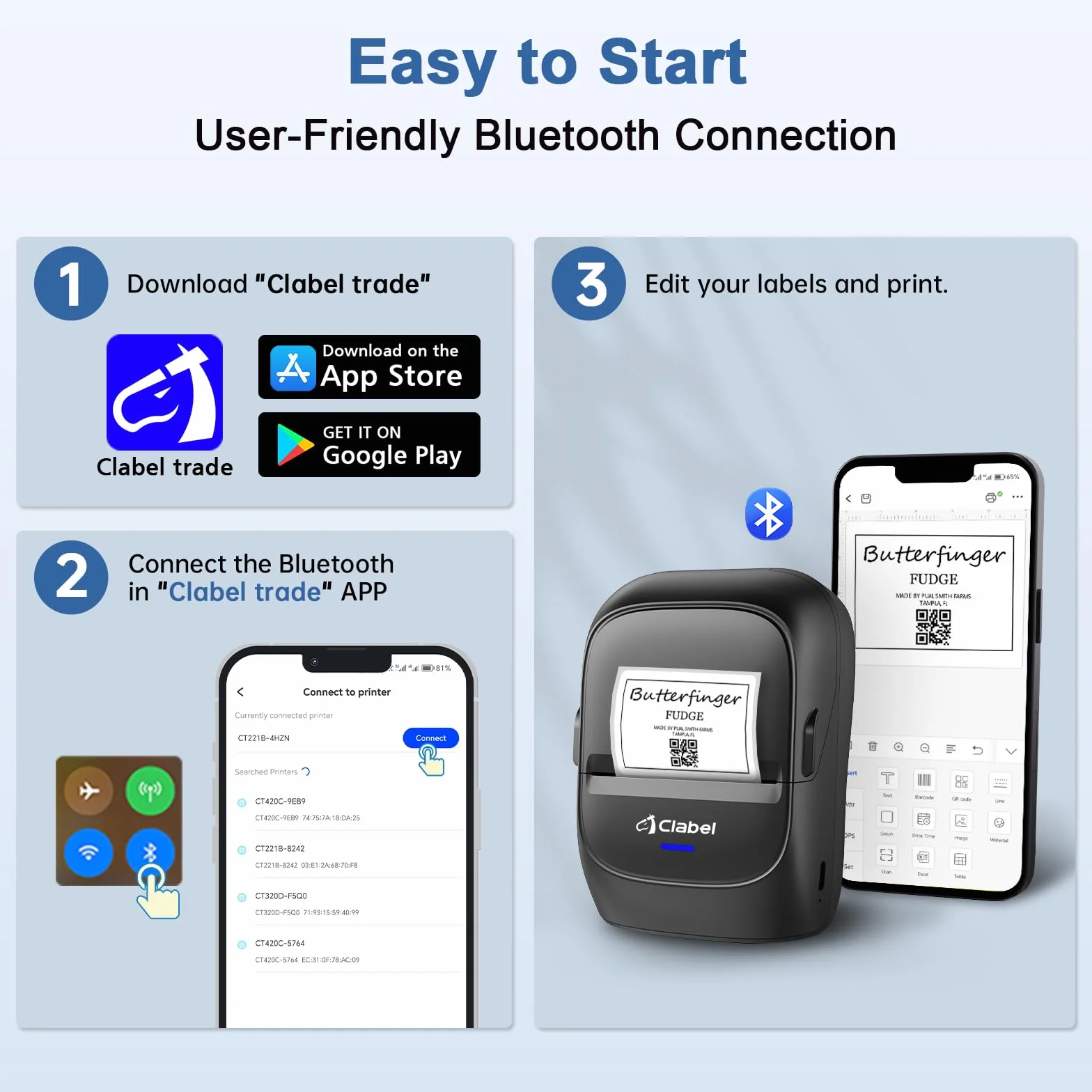 CLABEL Mini Bluetooth Etichette Stampante: 221B Portatile Termica Codice a Barre Stampante per iOS e Android, Ricarica Trasporto Etichettatrice Stampa Adatto per Casa Ufficio con 1 Rotolo Etichette