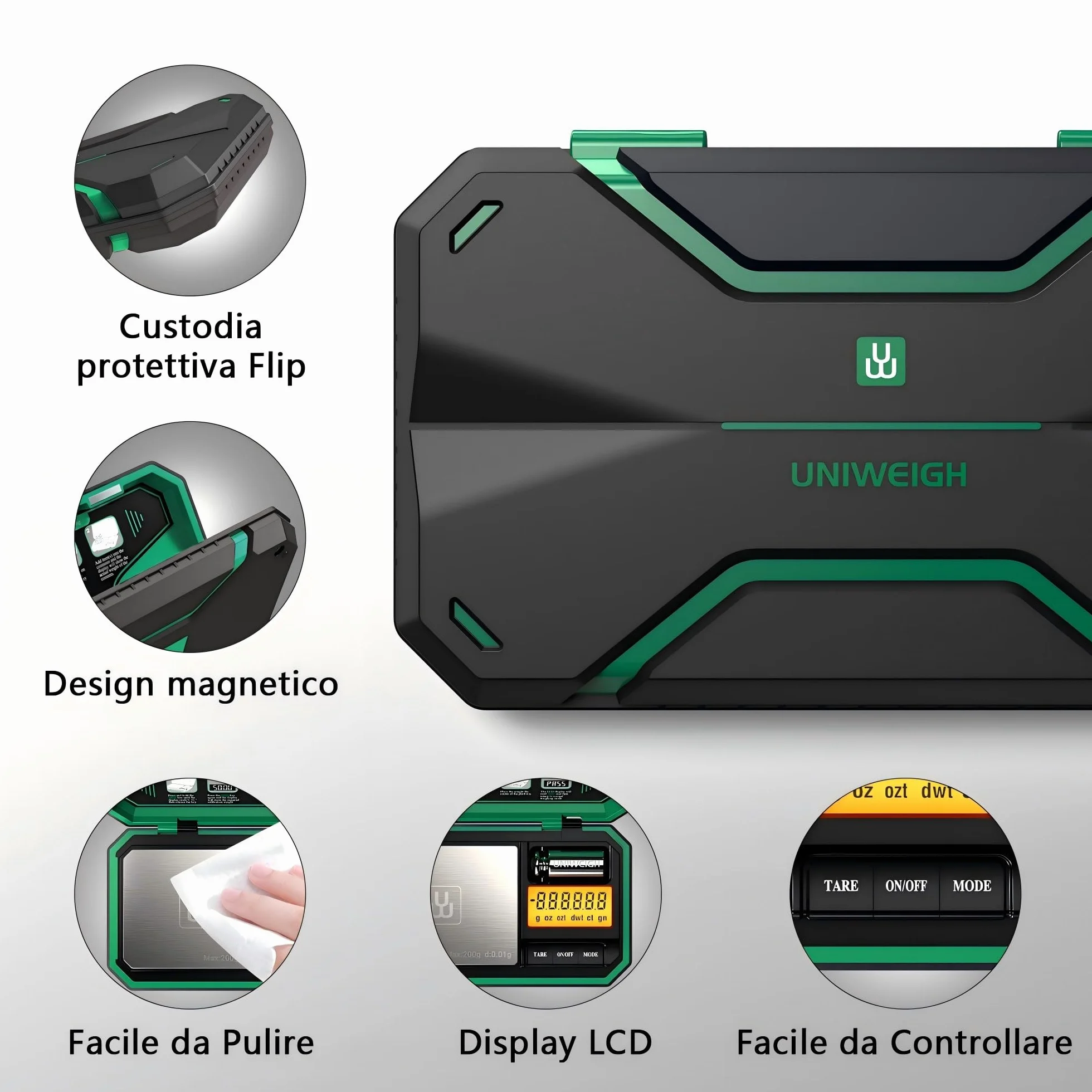 UNIWEIGH Bilancia digitale tascabile 200g/0,01g, mini scala alimentare con peso di calibrazione 50g, verde
