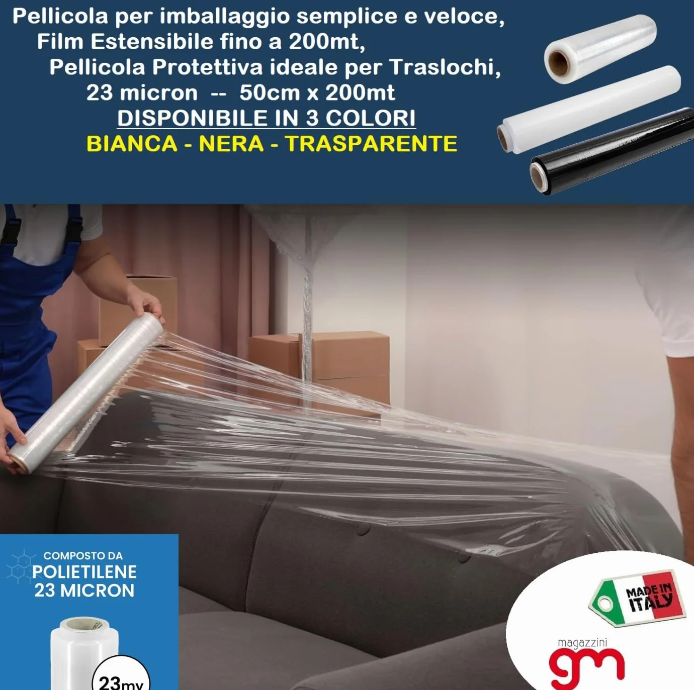 Pellicola per Imballaggio Film Estensibile 50cm x 200mt Trasparente
