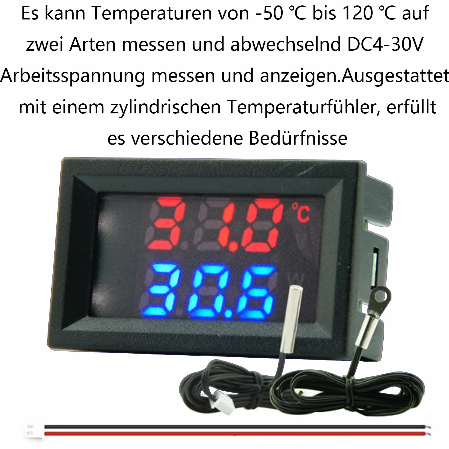 Termometro Digitale Doppio Display 4~30V Alimentazione Diretta Impermeabile Sensore di Temperatura Metallo Rosso Argento Blu