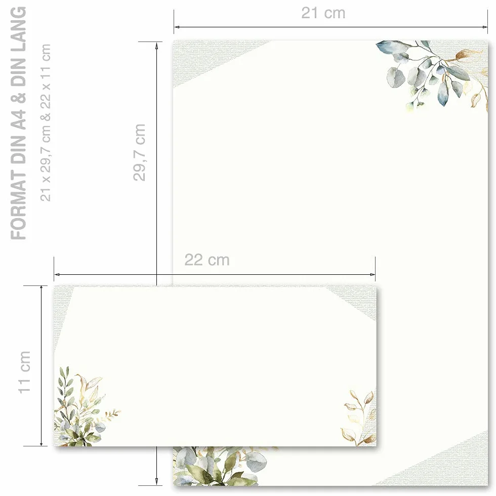 Set completo Fiori & Petali, RAMI VERDI 10 fogli carta da lettera e 10 buste DIN LANG