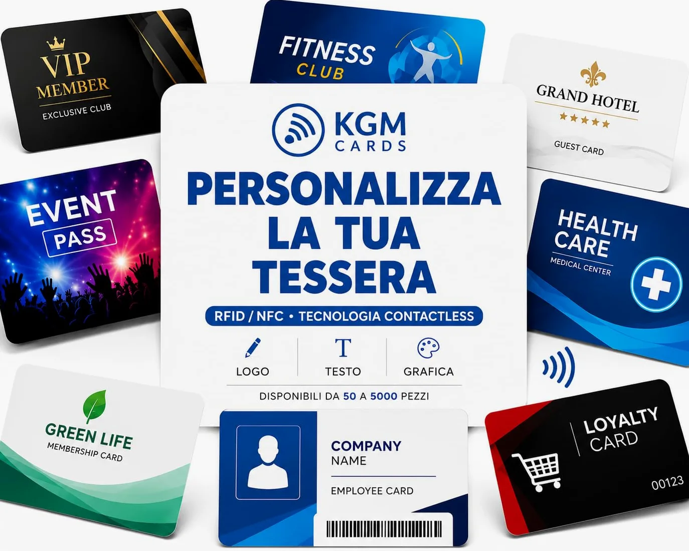 Tessere in PVC RFID Personalizzate (da 50 a 5000 pezzi), Badge con Logo e Testo, Stampa Fronte Retro con Antenna RFID, Card Contactless per Accesso, Aziende, Eventi e Hotel