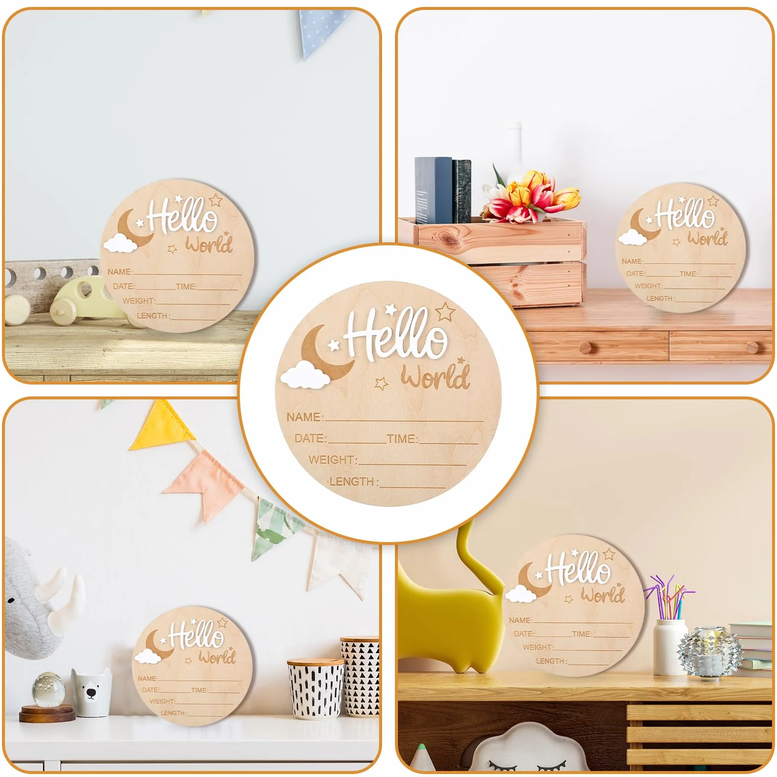 Nogeqi Biglietti miliari bianchi per bambini legno Hello World neonati rotondi genitori incinte