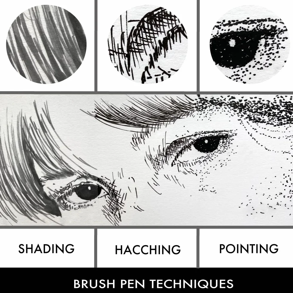 Kuretake Zig Illustration Basic Set No.3, 5 Variety Pens, Fude Brush Pens, Glitter Pen, for Inktober, Manga, Drawing