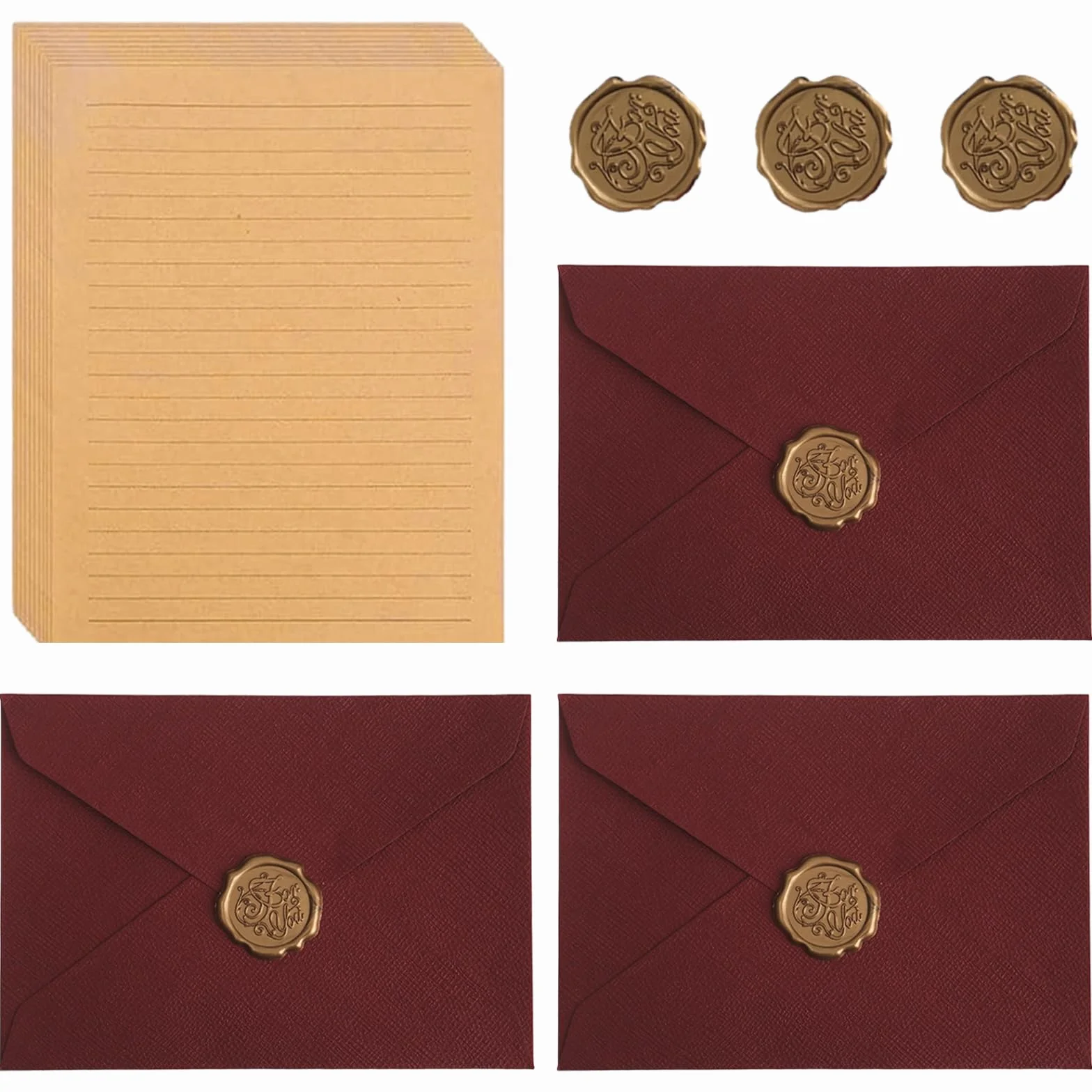 Set Vintage Carta da Lettere Kraft con Buste, 10 Carte e 3 Adesivi Sigillo Cera Rosso