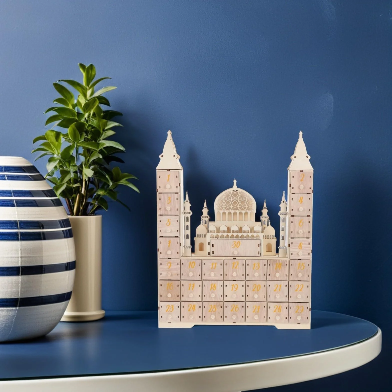 TEHAUX Calendario Design Compatto e Freestanding Conto alla Rovescia Ramadan in Legno con Cassetti e FESTIVITÀ Eid Decorazione da Tavolo per Famiglie Musulmane