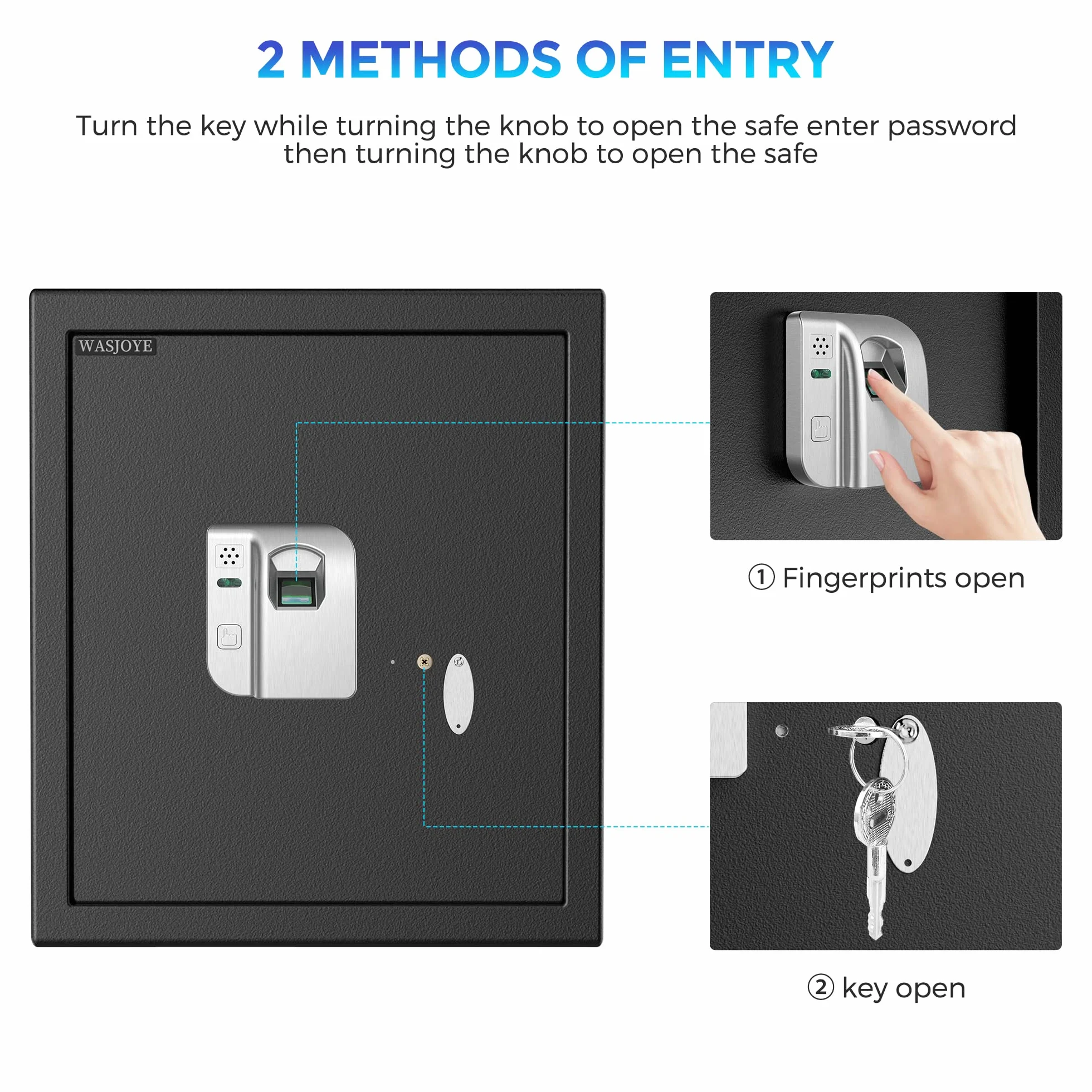WASJOYE Cassaforte per Impronte Digitali, Cassaforte Biometrica con Chiave, Cassaforte Elettronica Automatica con Identificazione delle Dita, Cassetta di Sicurezza per Casa Hotel Ufficio, 38.08L