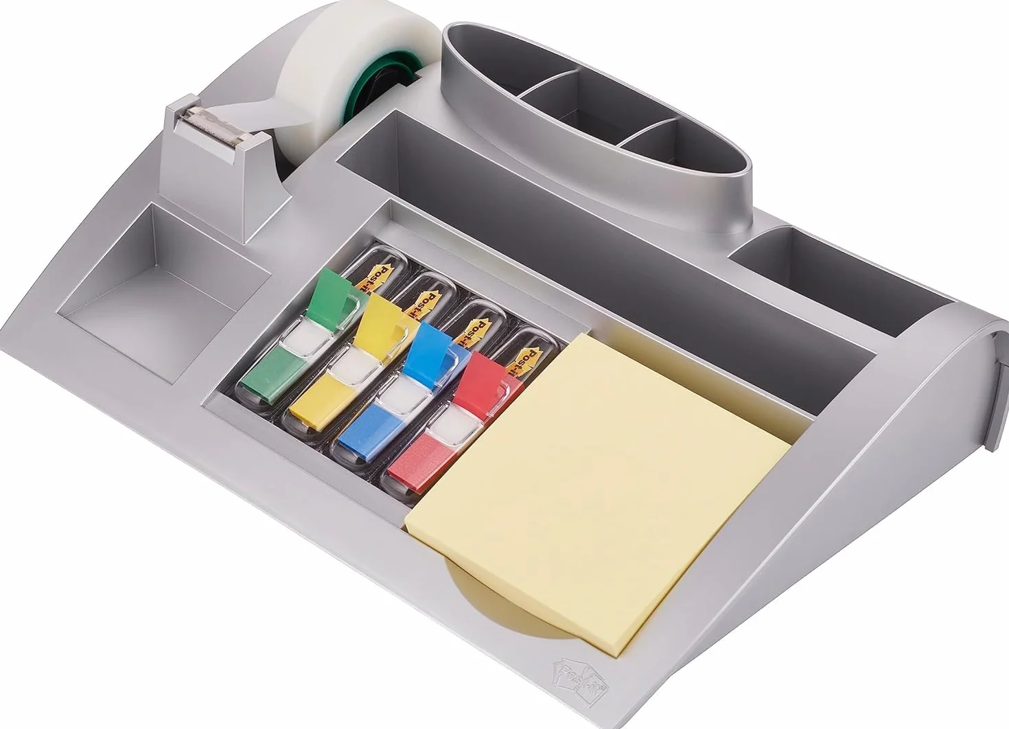 Post-it Organizer da Scrivania, Contiene una Confezione di Foglietti (100 Fogli per Blocco), 4 x 35 Segnapagina Index e Nastro Adesivo Scotch Magic, Colore Argento