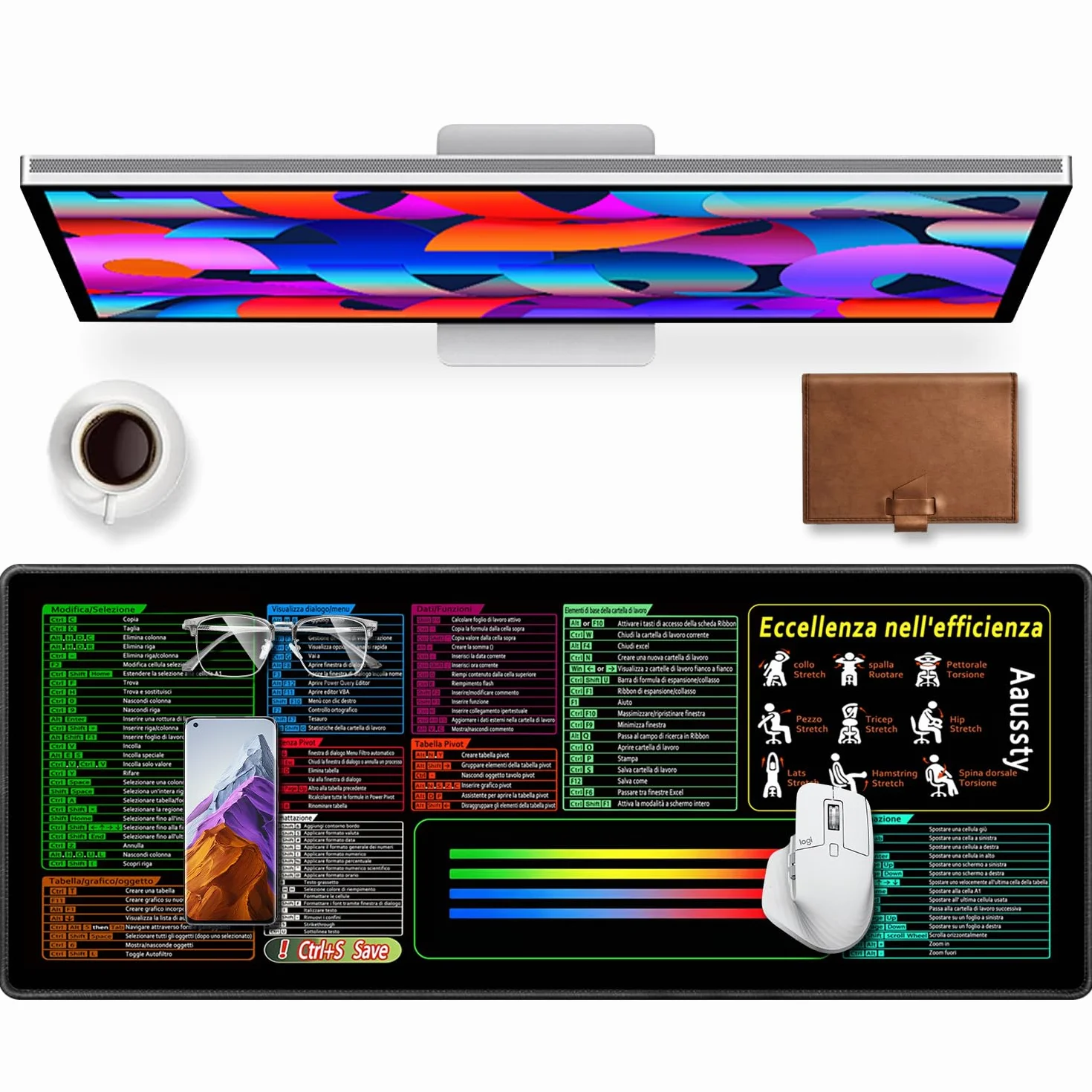 Tappetino Mouse XXL 900x400mm Impermeabile Antiscivolo per Scrivania con Scorciatoie Excel
