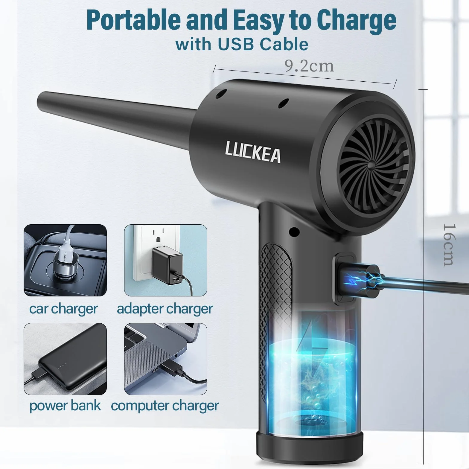 LUCKEA Aria Compressa Elettrico Rimuovi Polvere - 3 Velocità Air Duster Mini Soffiatore Aspiratore a Batteria 6000 mAh, Kit Pulizia PC Tastiera Auto, Alternativa Allo Bomboletta Aria Compressa Spray