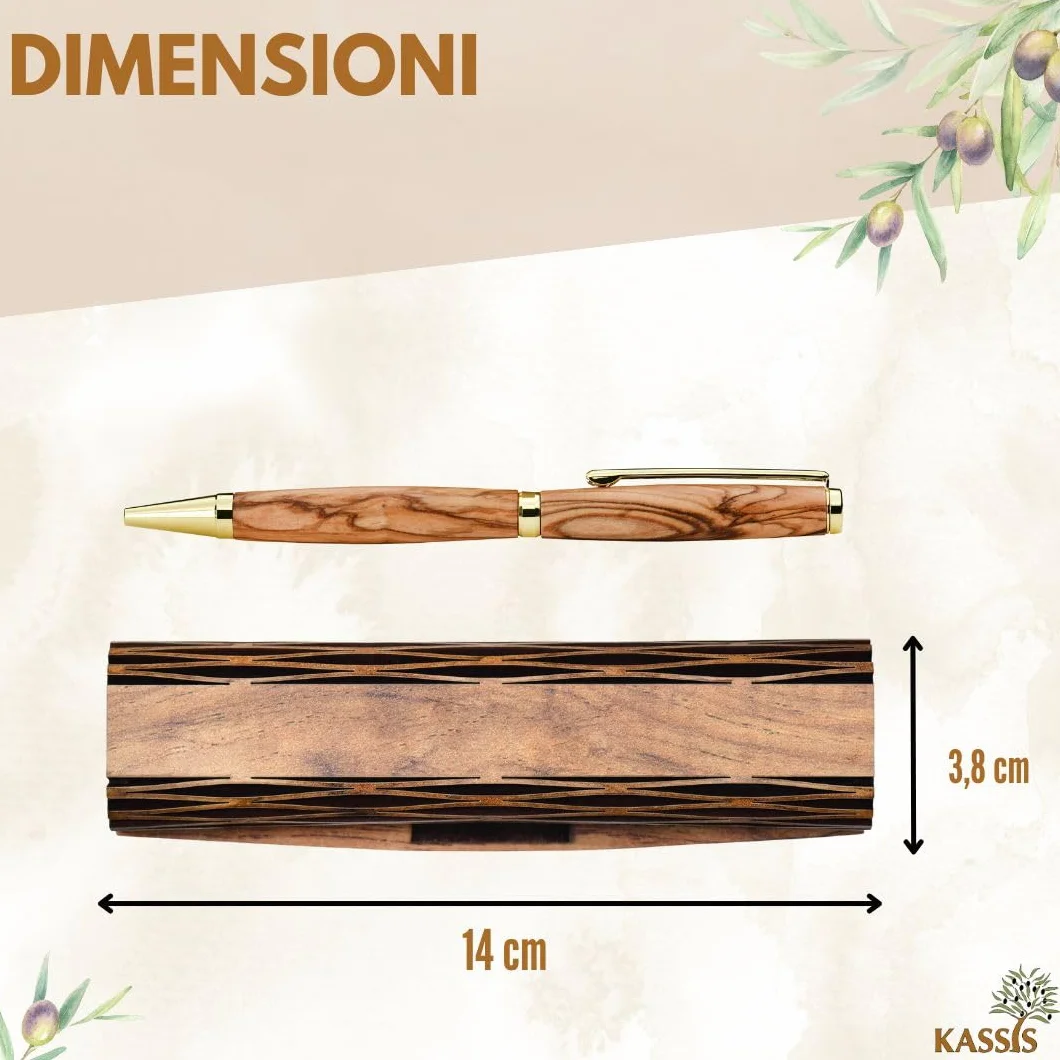 KASSIS Penna a sfera in legno d'ulivo - Realizzata a mano con bellissime venature e testo personalizzato in un'elegante scatola di legno - Penna a sfera personalizzata (Con incisione)