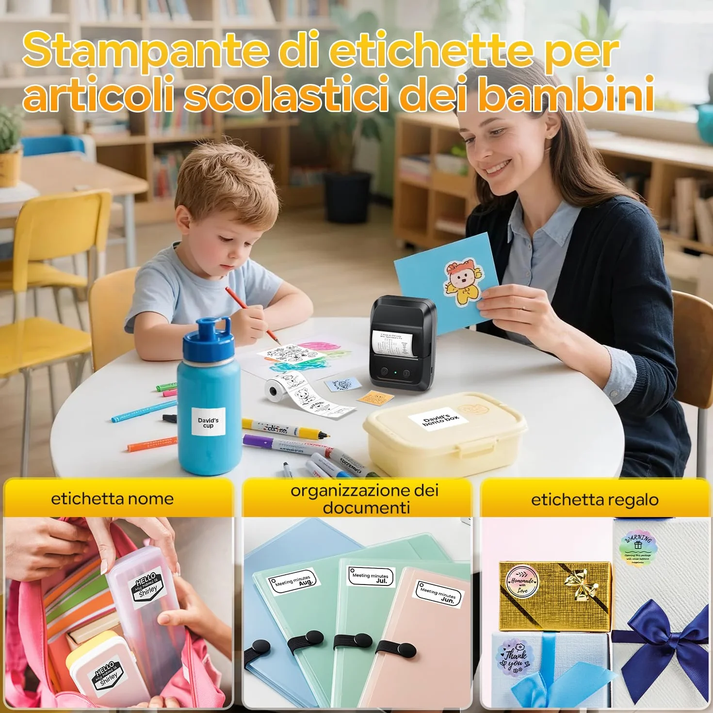 Memoking Etichettatrice Bluetooth con Etichette con 3 rotoli di etichette larghe,Stampante Etichette Adesive, Thermo Label Printer per codici a barre, logo, indirizzo, vendita al dettaglio, ufficio