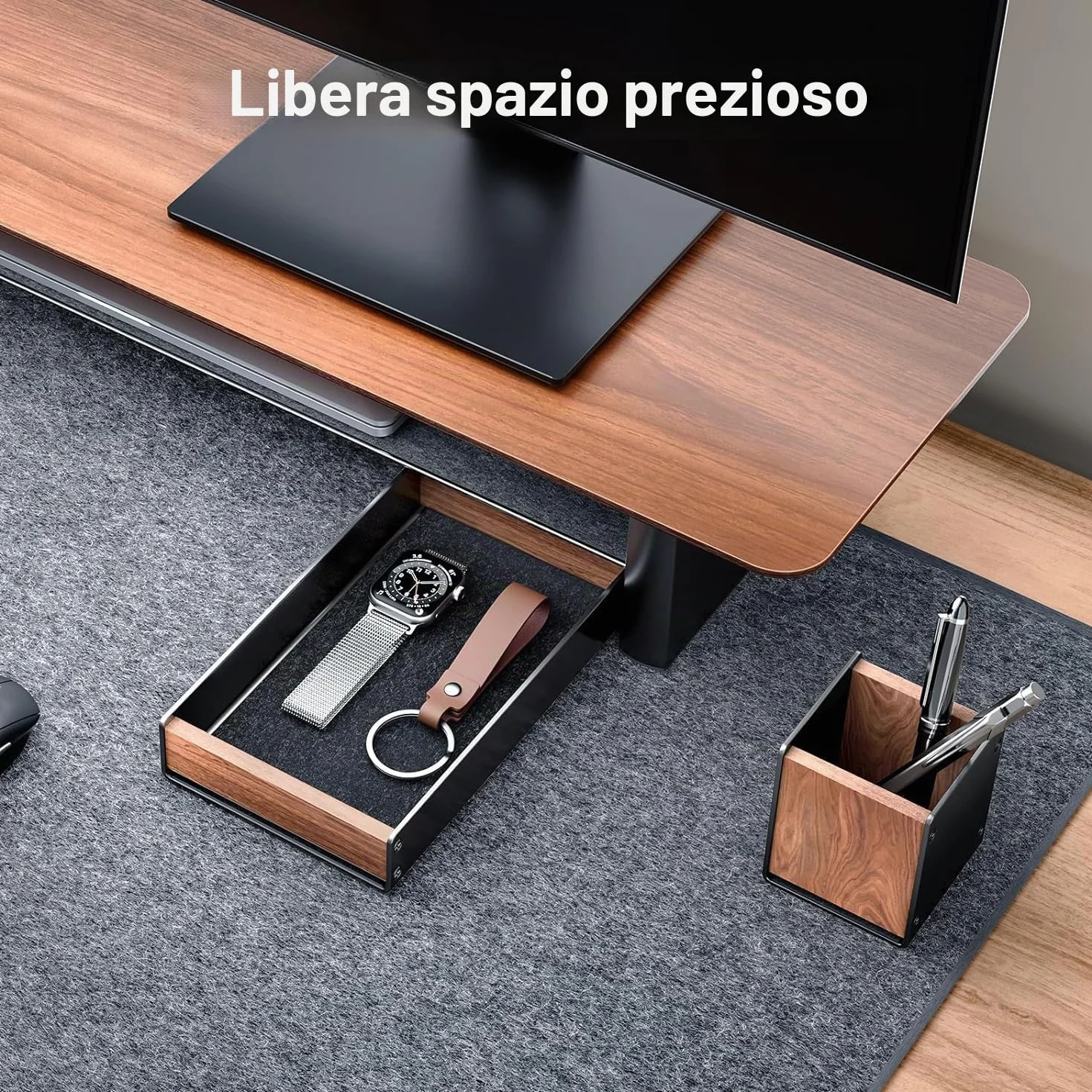 Vassoio da scrivania in legno di noce con set di portapenne, vassoio organizzatore da scrivania in legno naturale e alluminio per chiavi, penna, watch