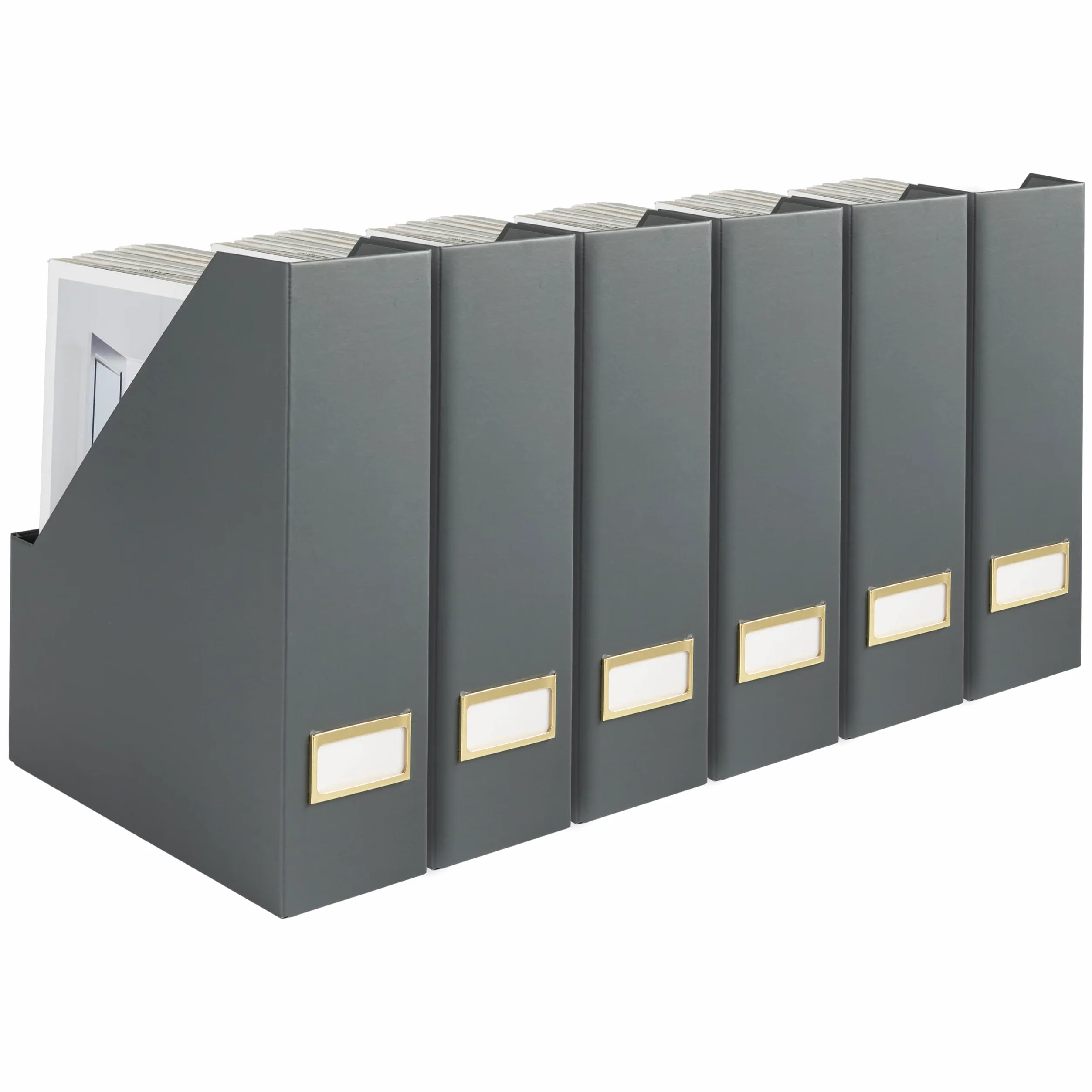 Blu Monaco Set di 6 portariviste pieghevoli grigi con porta etichette dorate, eleganti scatole per documenti per scrivania, libreria o organizzazione in classe