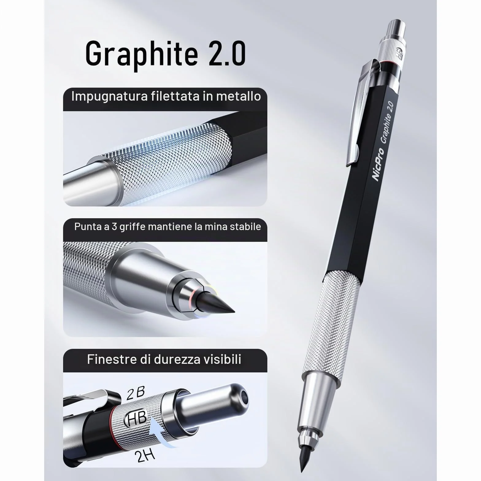 Nicpro 1 Pezzo Matita Meccanica 2mm Portamine Falegname Set con 5 Mine Grafite HB 2H 4H 2B 4B Nero