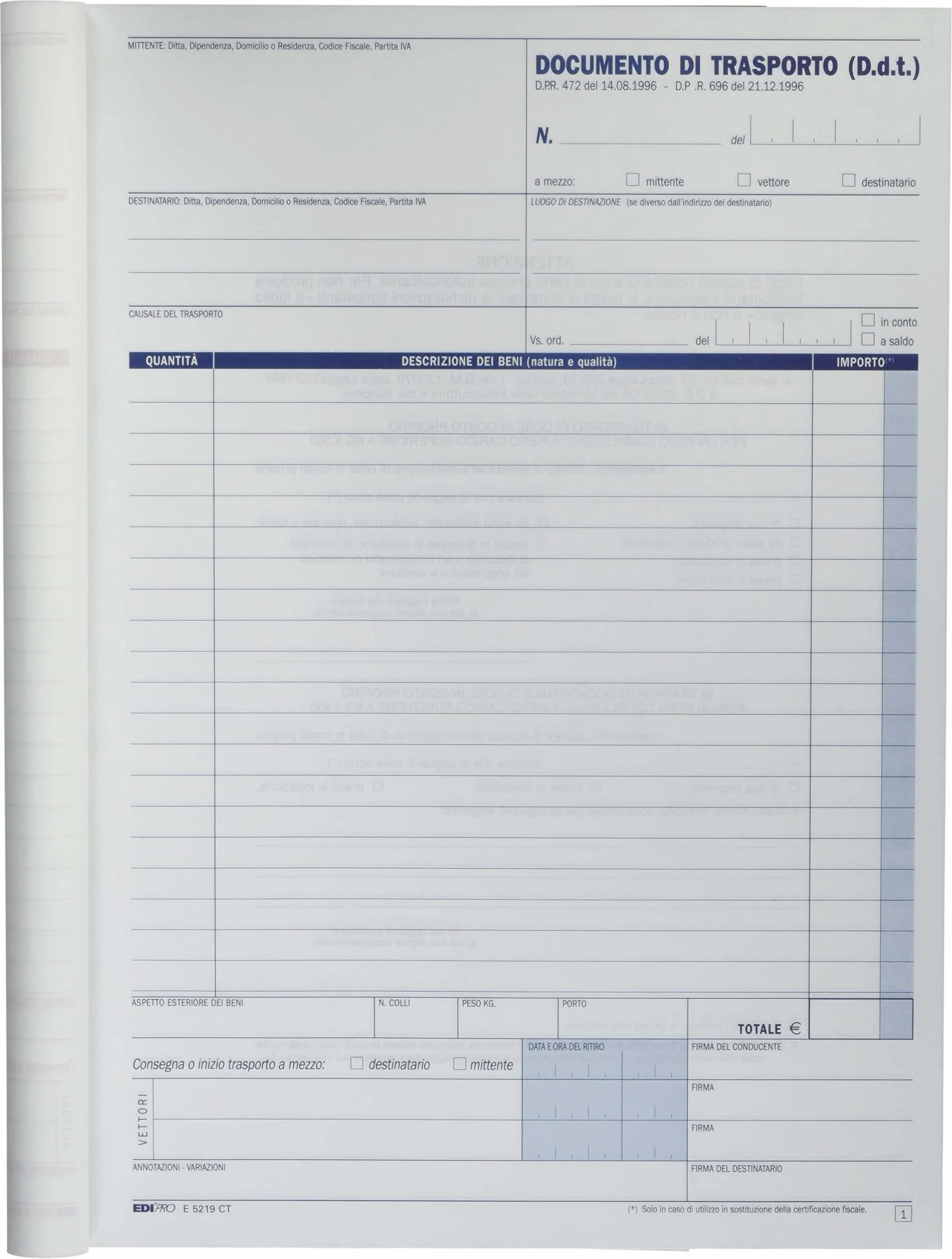 EDIPRO E5219CT Blocco documento di trasporto 33x3 autoricalcante 29.7x22