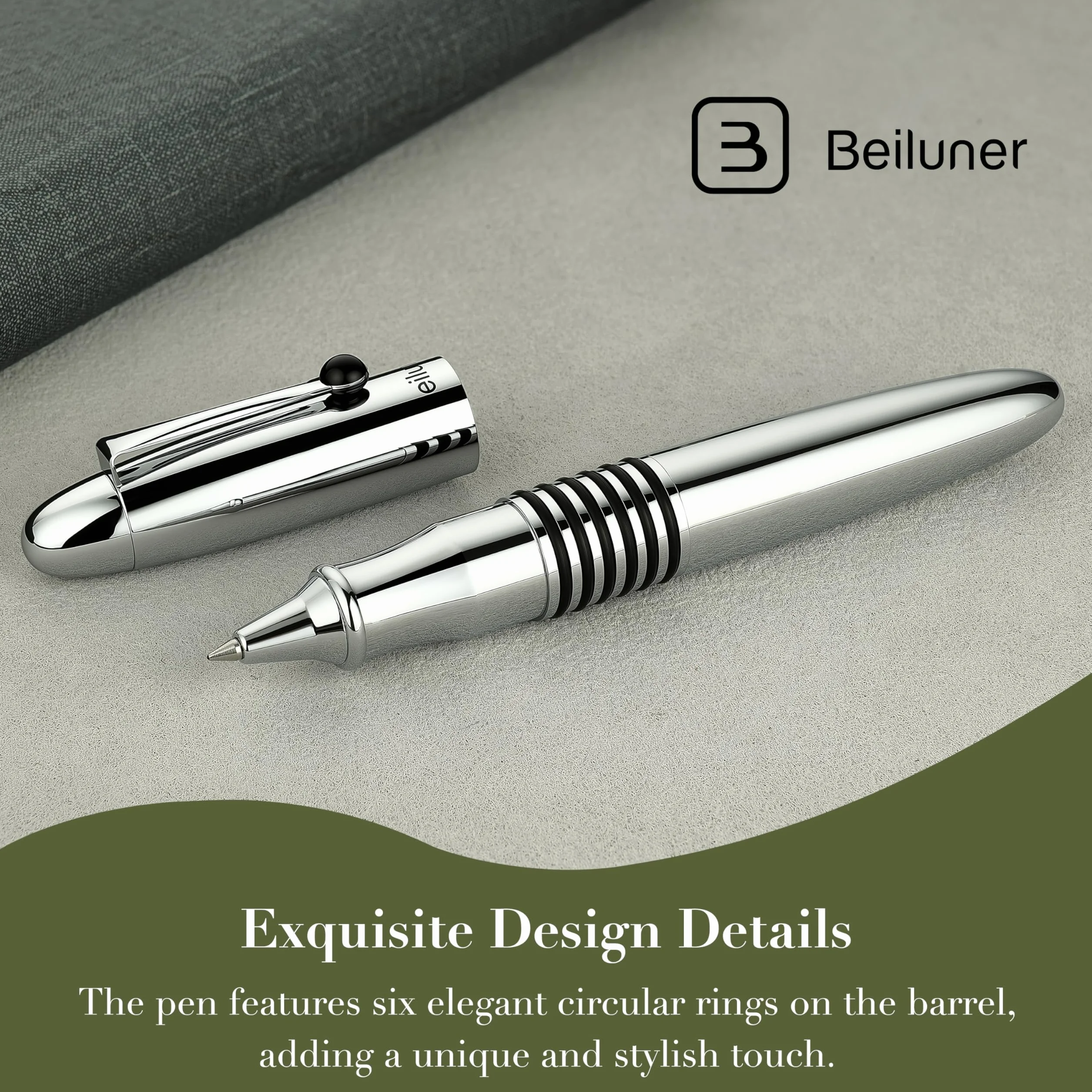 BEILUNER 320 Penna Rollerball di Lusso, Corpo in Metallo Cromato Lucido con Ricarica Schmidt, Set Regalo Dirigenziale EDC Peso Massimo per Uomo e Donna, Penna da Ufficio Professionale-Cromo Argentato