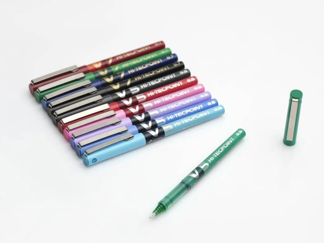 PILOT Set di 5 V5 Penna roller Inchiostro liquido a punta Fine 0,5mm - 2 Nero, 2 Blu, Rosso