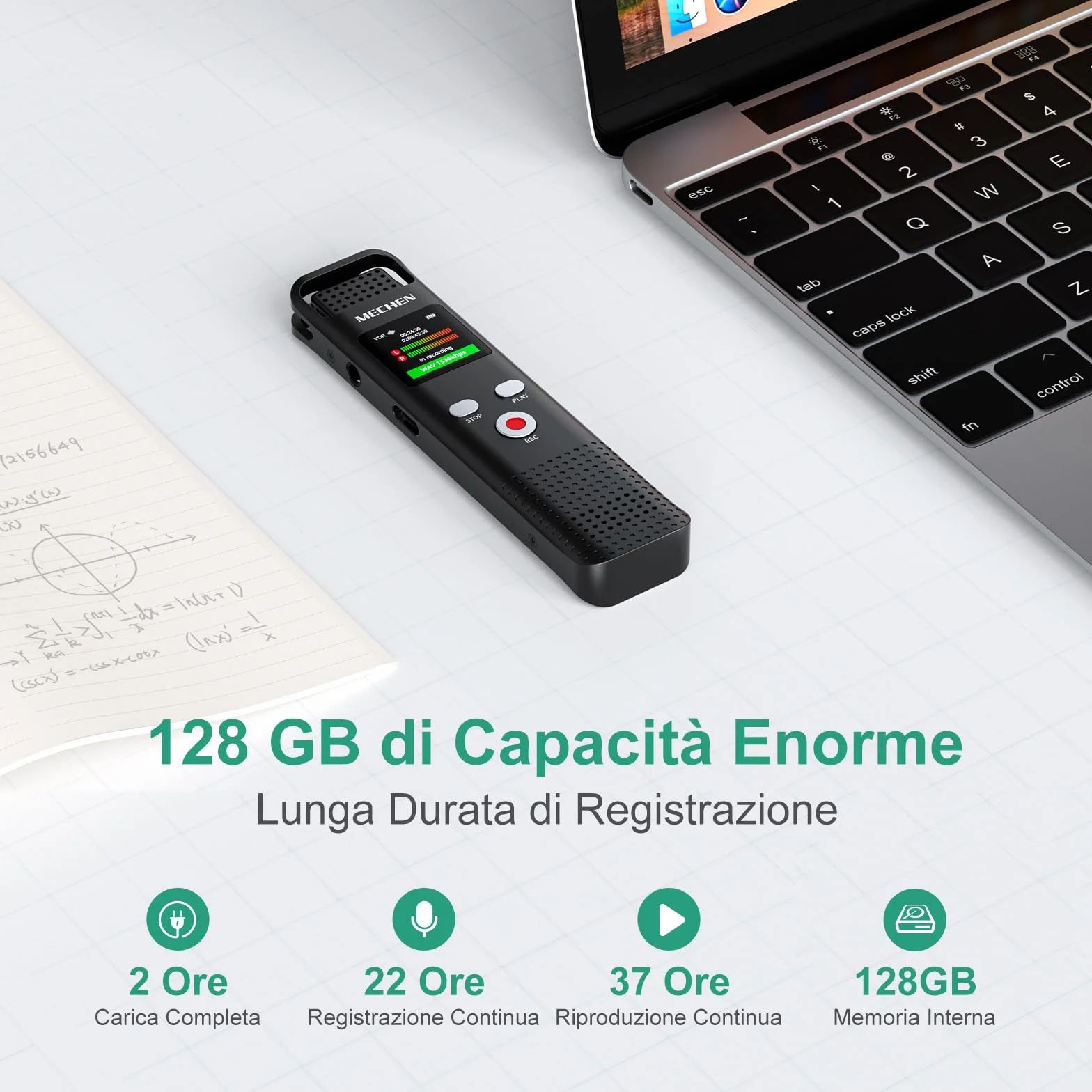 MECHEN Registratore vocale da 128 GB con riconoscimento vocale, 1536 kbps con lettore MP3, qualità audio HD, cancellazione del rumore, registratore vocale per lezioni