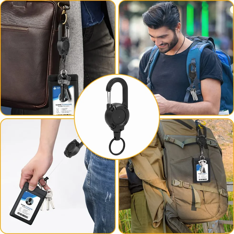 Portachiavi Retrattile Vicloon 2 Pezzi Clip a Bobina Allungabile con Cavo Acciaio 60cm Nero