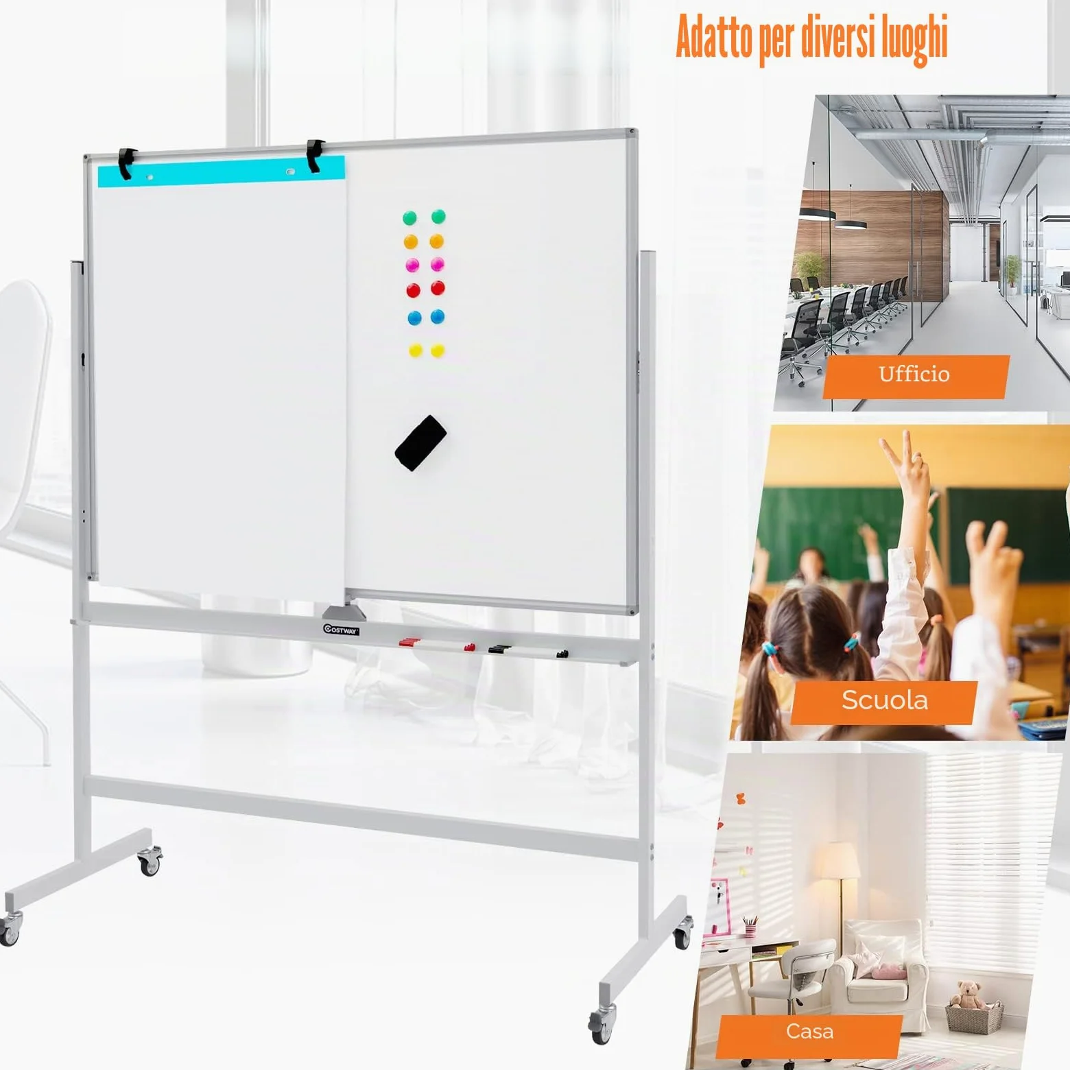 GIANTEX Lavagna Bianca Mobile con Supporto, 120 x 90 cm, Lavagna Magnetica Double Face, Regolabile in Altezza e Girevole a 360° (Bianco)
