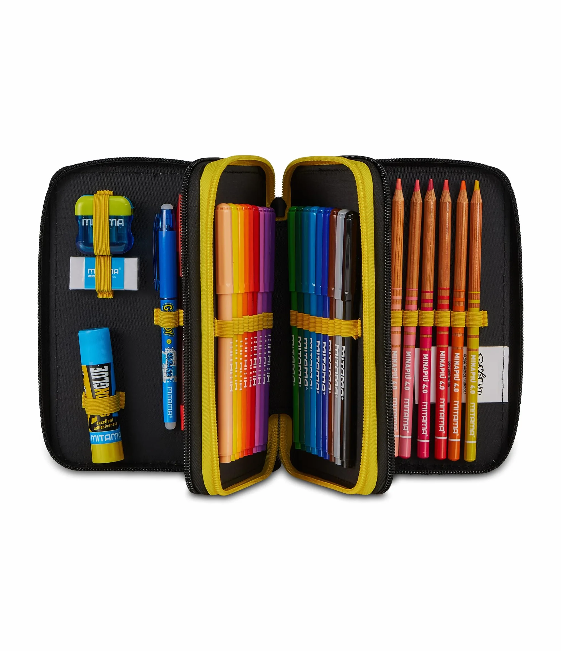 Seven Pokemon Astuccio 3 Zip, Triplo Scomparto, Completo di Matite, Pennarelli, Colori, Accessori Zaino, Elementari, Medie, Pikachu, Bambini e Bambine, giallo/blu