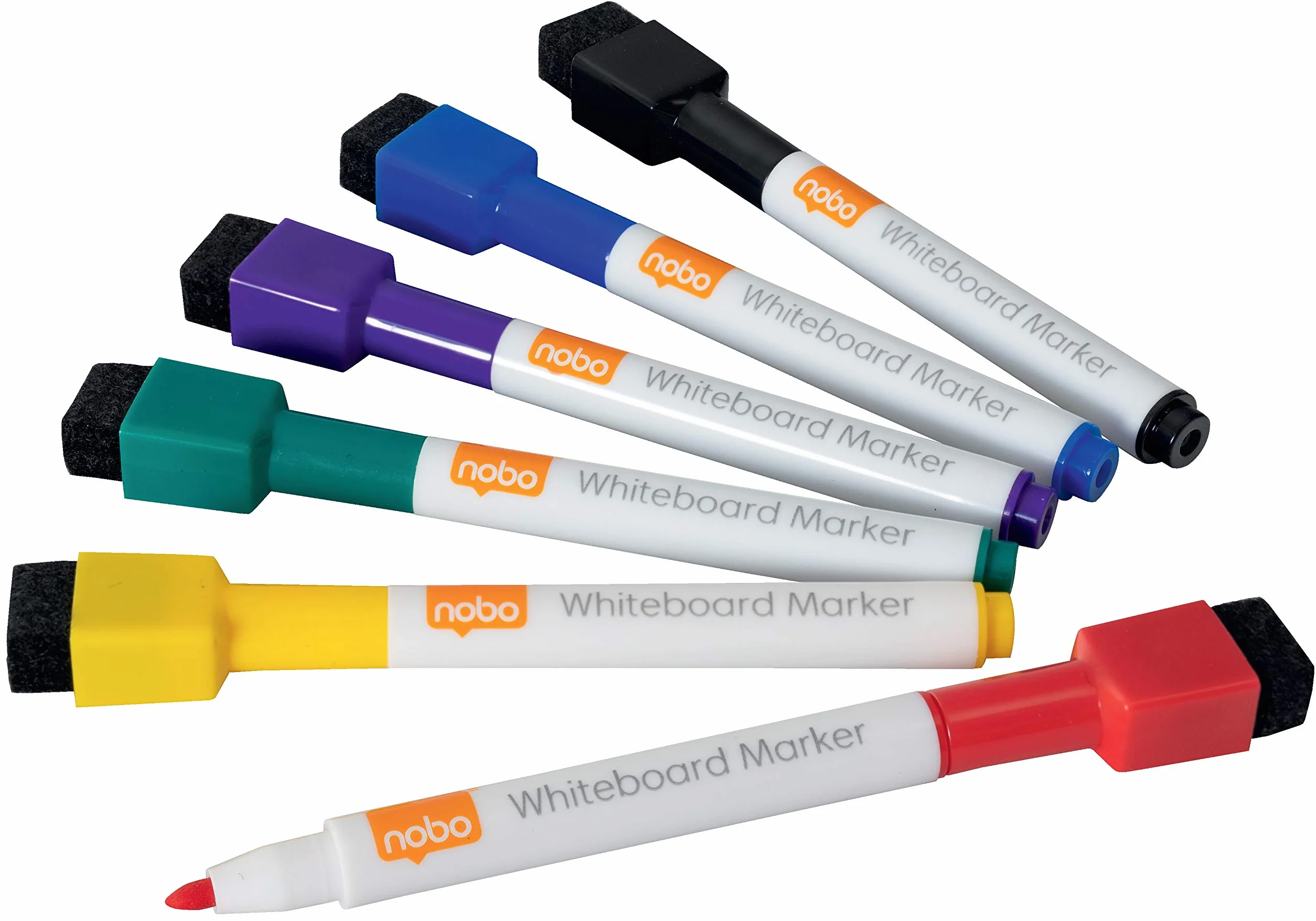Nobo Set 6 Pennarelli Cancellabili a Secco per Lavagna, Marcatore Punta a Sfera 2 mm con Magnete e Cancellino, Colori Assortiti