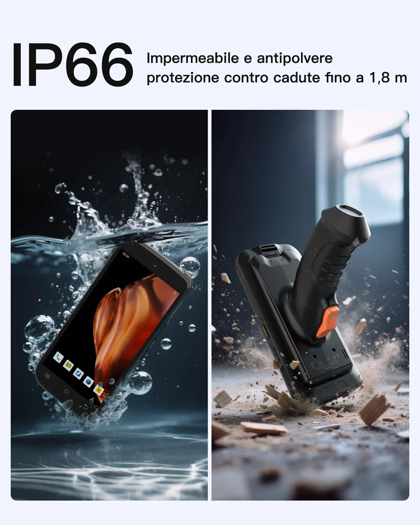 Inateck Android 12 Scanner di Codici a Barre PDA, Schermo Touch 6", Lettore 1D/2D con Impugnatura, Bluetooth, IP66 6500mAh, Wi-Fi 6 e 4G, per Commercio, Magazzino, Logistica, Sanità