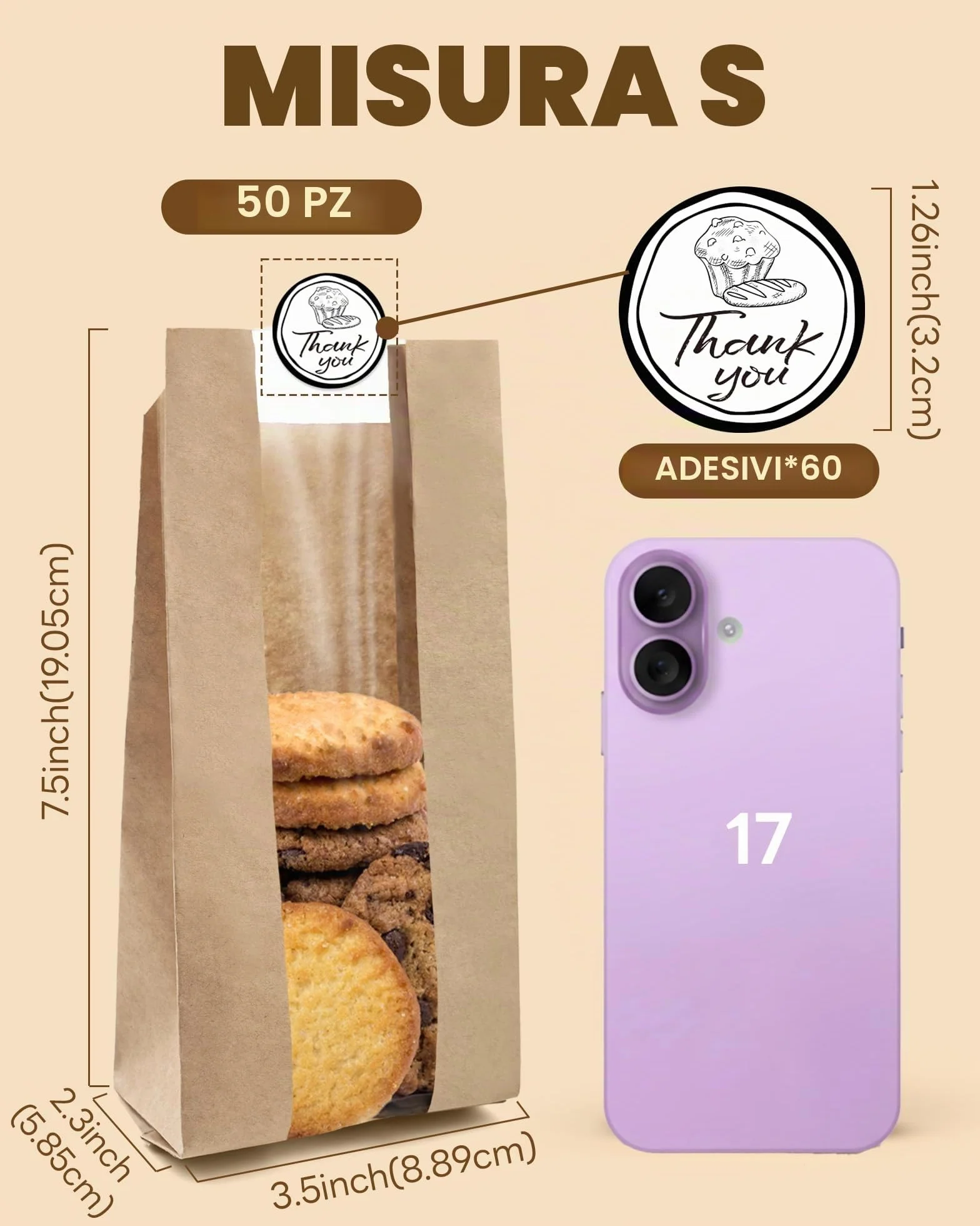 Sacchetti di Carta per Alimenti 50 Pezzi con Sigillo e Finestra, Kraft per Pane Dolci Torte, 8,89 x 5,85 x 19,05 cm
