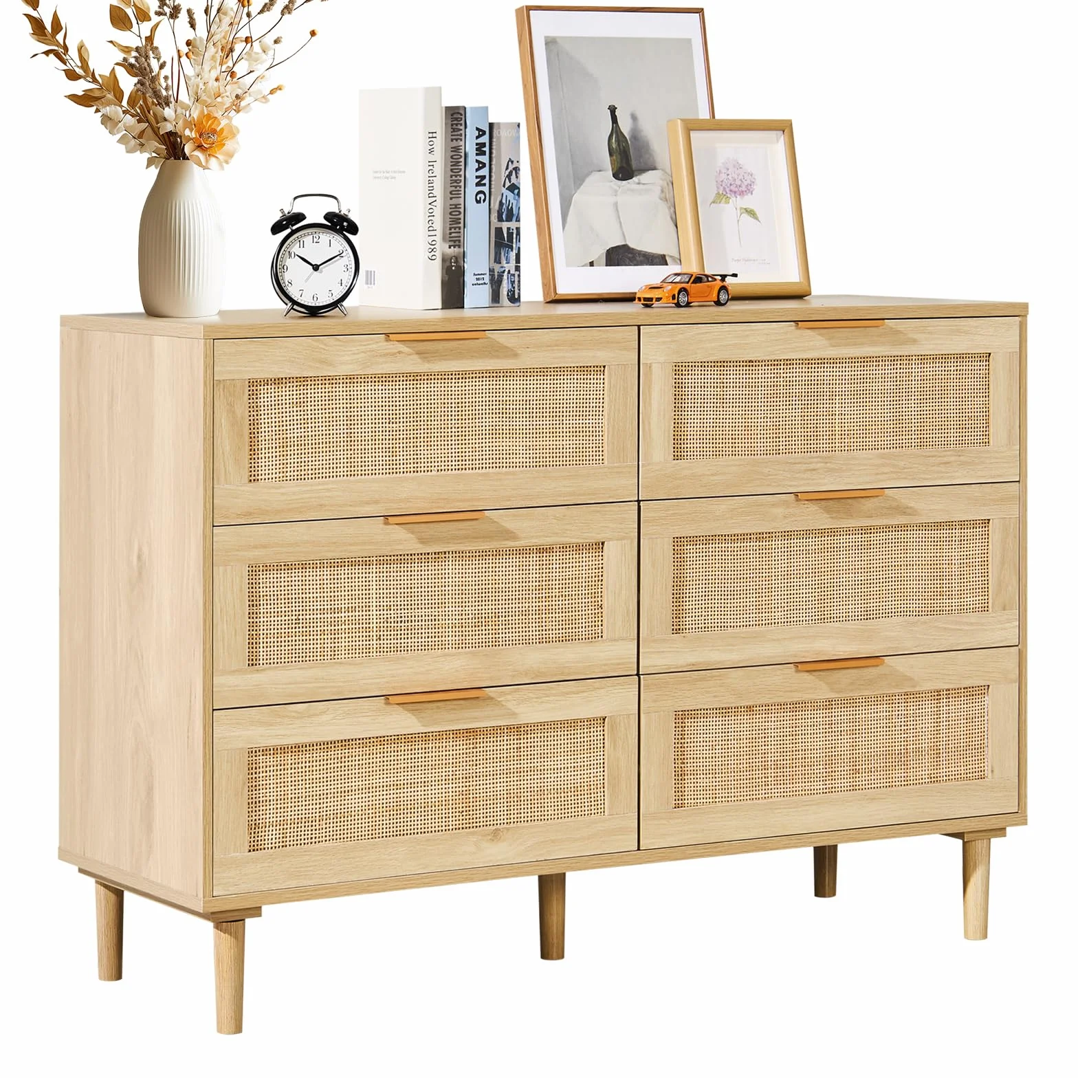 VEVOR Cassettiera Armadio in Rattan Naturale con 6 Cassetti, Moderna Cassettiera Organizzatore per Vestiti Cassettiera Boho con Maniglie e Gambe Robuste, per Camera da Letto, Colore Legno Naturale