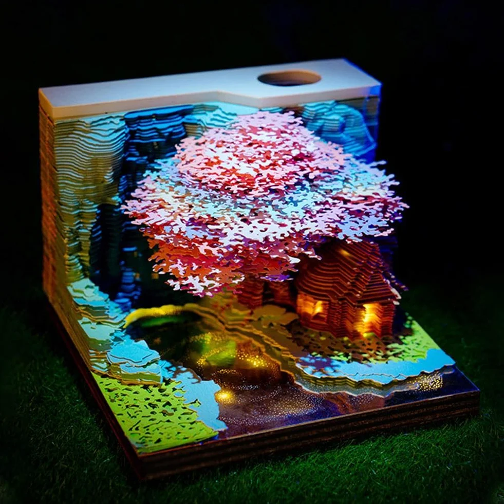 Calendario 3D 2026, Casa sull'albero con luce, creativo 3D Fantasy Casa sull'albero Memo Pad Calendario da scrivania, Casa sull'albero di fantasia, Scultura in carta per casa e ufficio, decorazioni da