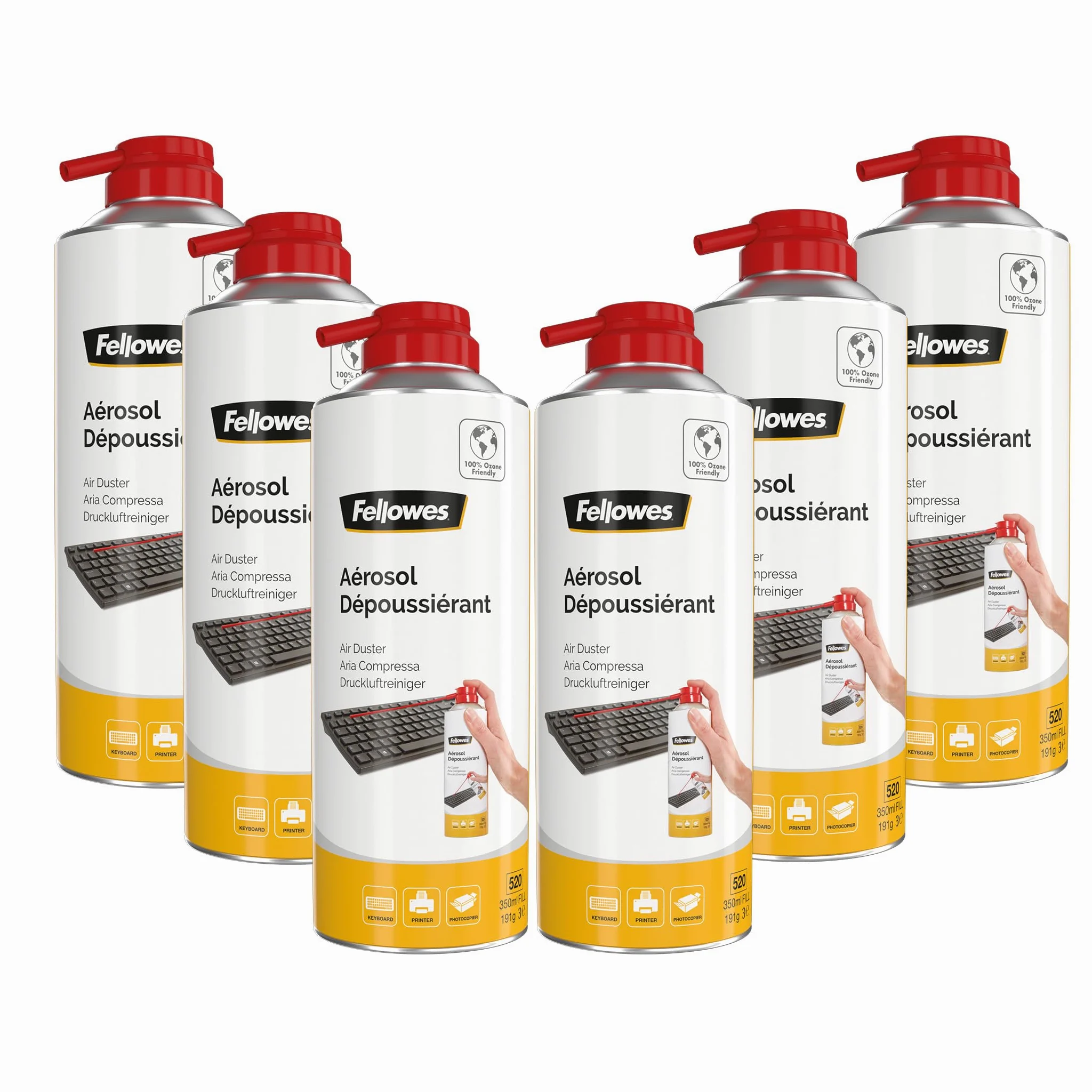 Fellowes Confezione da 6 bombolette di aria compressa – 350 ml, senza HFC – Pulitore antipolvere per PC, tastiera, stampanti, fotocopiatrici e dispositivi elettronici – Casa e ufficio