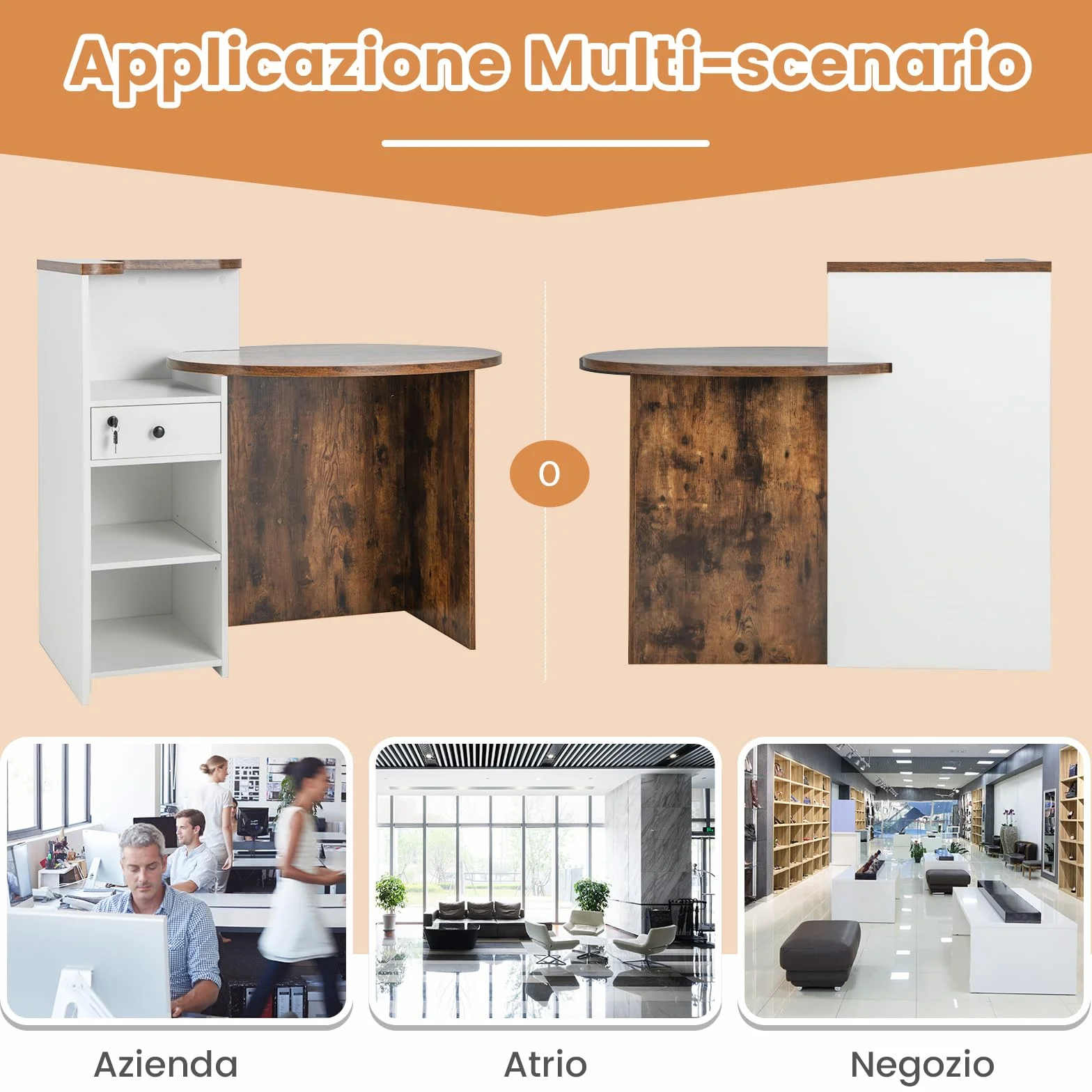 COSTWAY Banco Reception a Forma di L, Bancone per Cassa con Ripiano Regolabile e Cassetto Bloccabile, Piano Ovale, per Negozio, Salone e Ufficio, 120 x 55 x 100 cm (Marrone Rustico+Bianco)