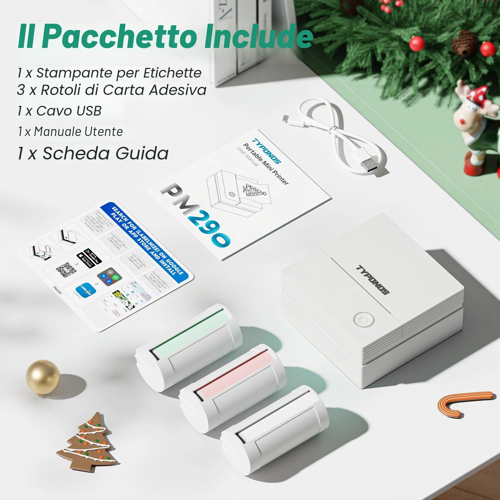 PM290 Mini stampante per smartphone, stampante termica Bluetooth, mini con 3 rotoli di carta, mini stampante per appunti di studio, diari, regali fai da te, scuola, ufficio, bianco, 1