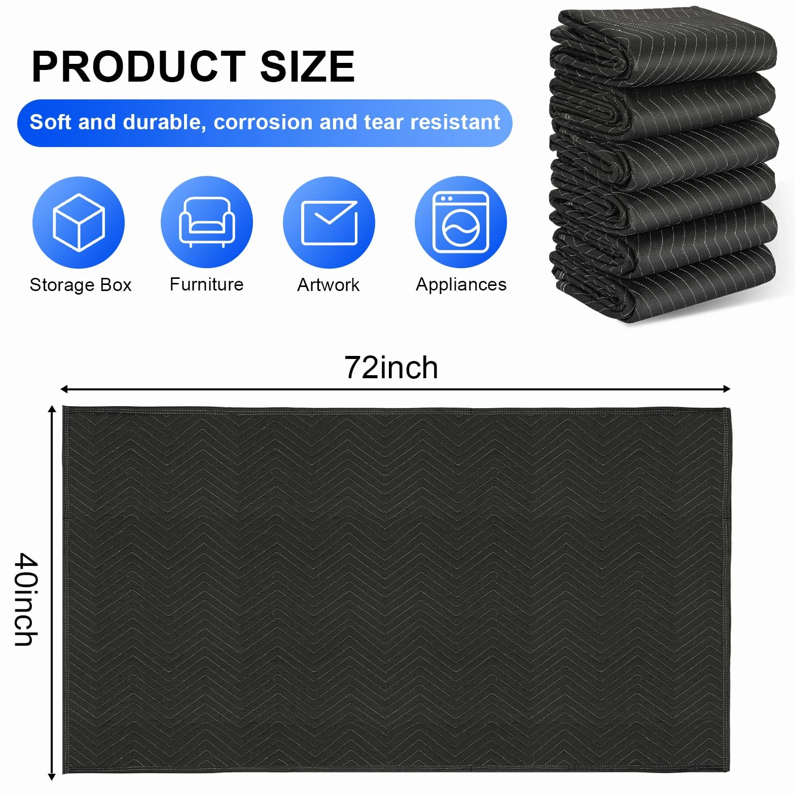 AKOZLIN 72 x 40 pollici, set da 6 pezzi, imbottiti, resistenti e di qualità, quilted Wrapping Furniture Moving Pad per Shipping Supplies Secure Protecting, nero
