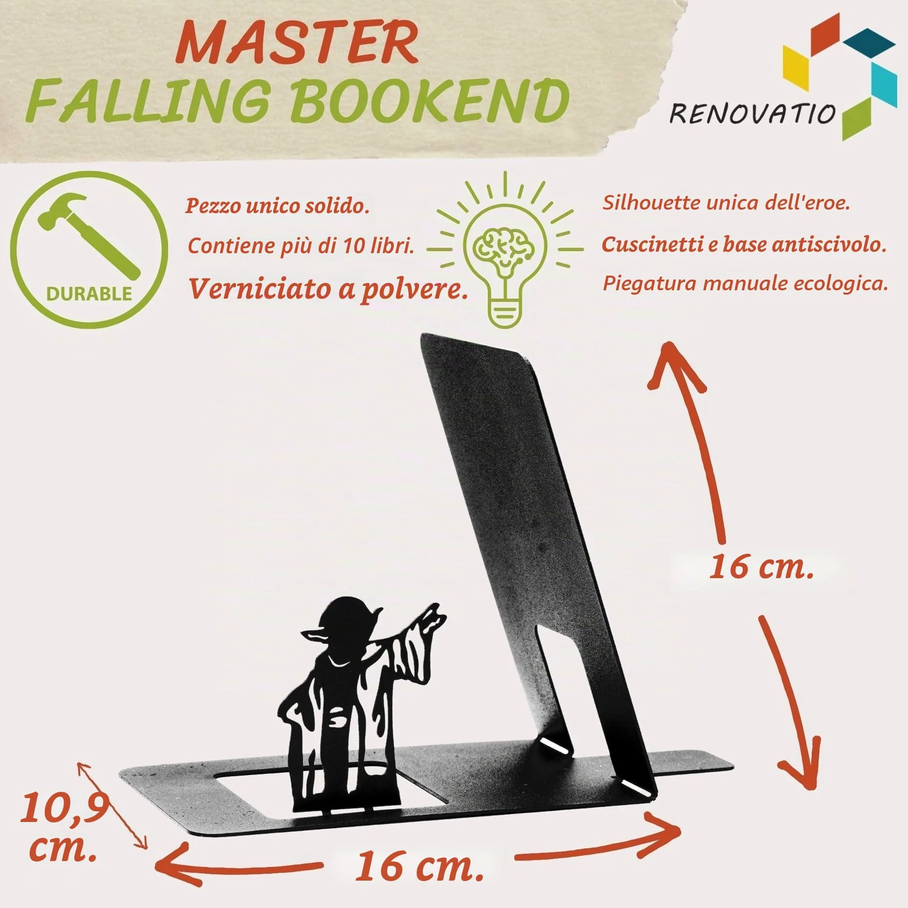 Renovatio Fermalibri in metallo nero, carino, unico, decorazione da nerd per casa, ufficio e cameretta dei bambini, resistente, antiscivolo, minimal, per mensole, motivo maestro