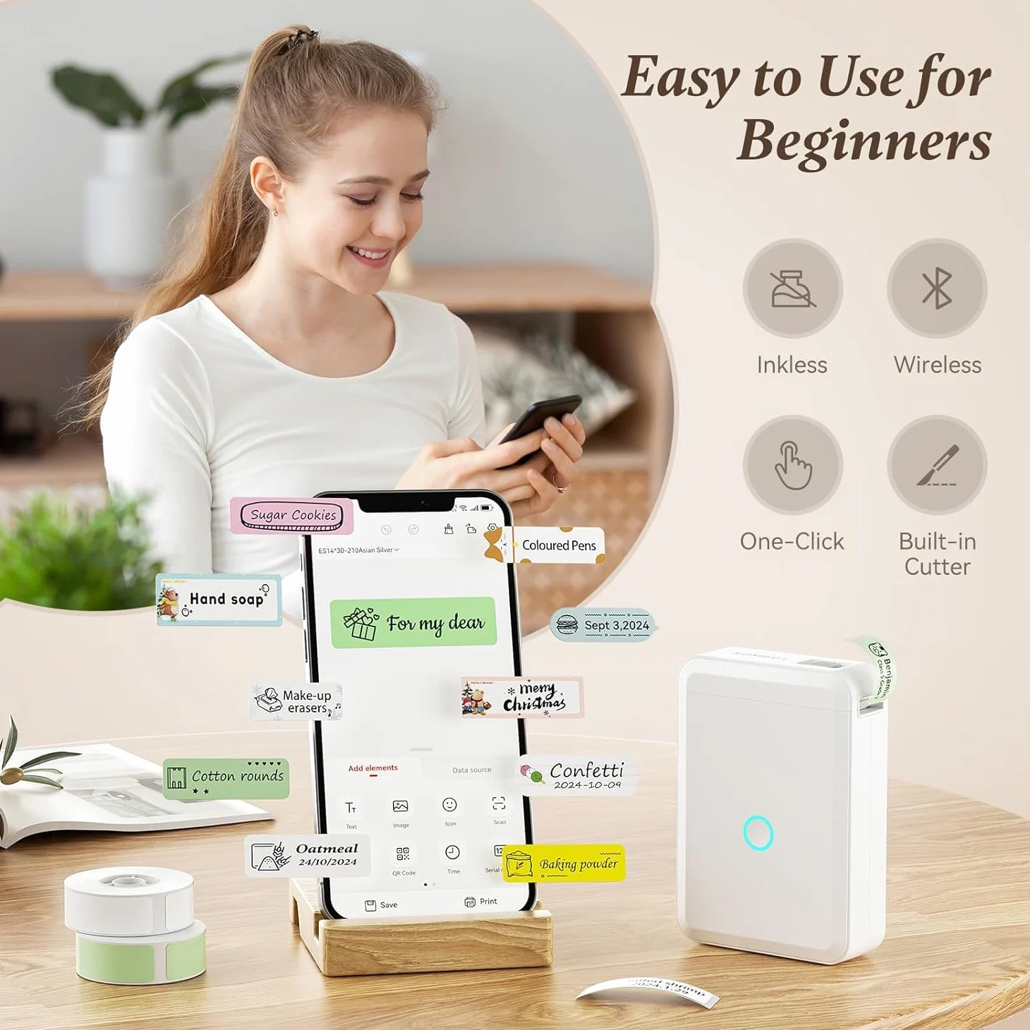Label Maker D110 Etichettatrice termica Bluetooth con nastro, stampante portatile per etichette senza inchiostro, portatile e ricaricabile, con più modelli per casa e ufficio, compatibile con iOS