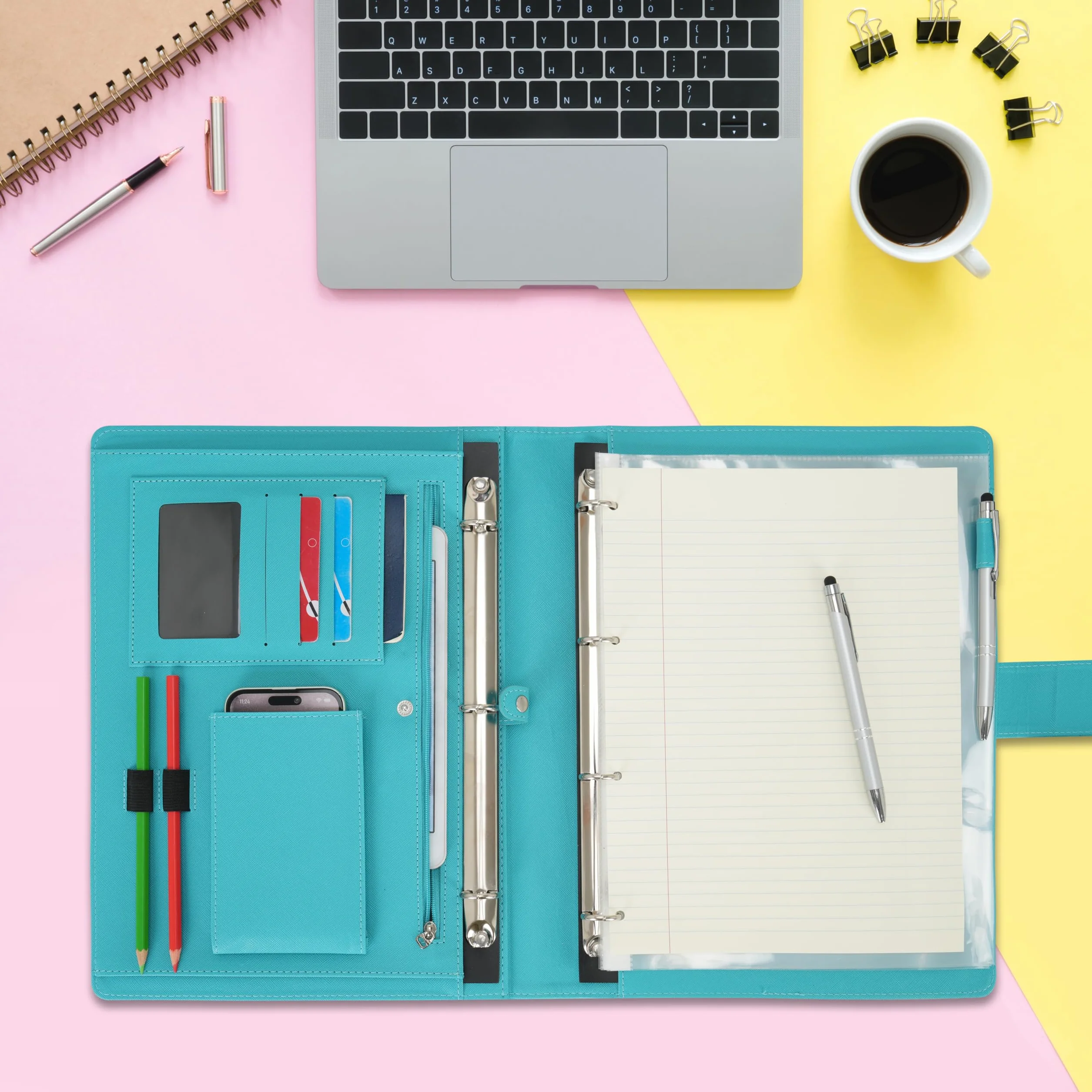 Wonderpool Portadocumenti A4 PU Pelle 4 Anelli Raccoglitore Rimovibile Tasca Funzionale Organizzatore Ufficio Viaggi Scuola Ciano