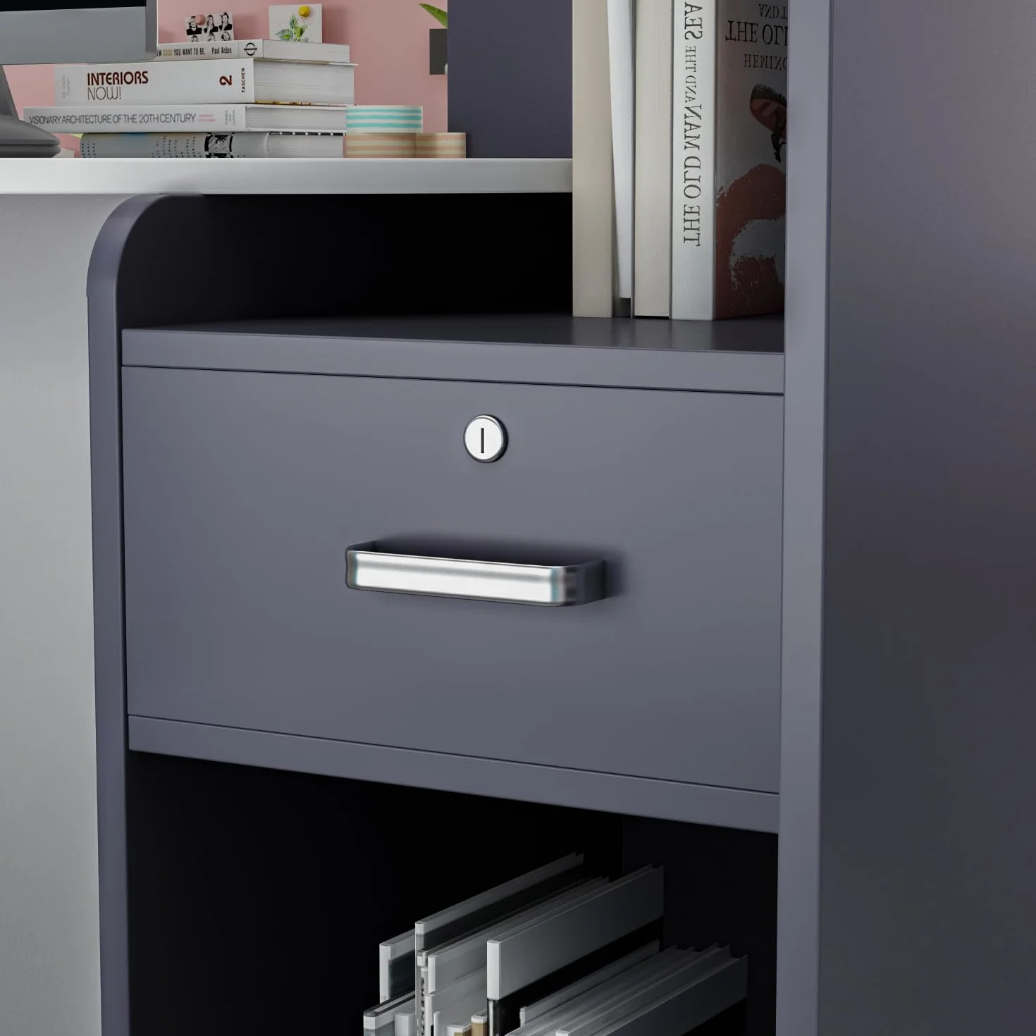 Bancone di reception, Bancone di accoglienza con superficie aperta e 1 cassetto bloccabile, controsoffitto con design Patchwork Nero e Grigio Scuro, MDF, 40 x 121 x 110 cm