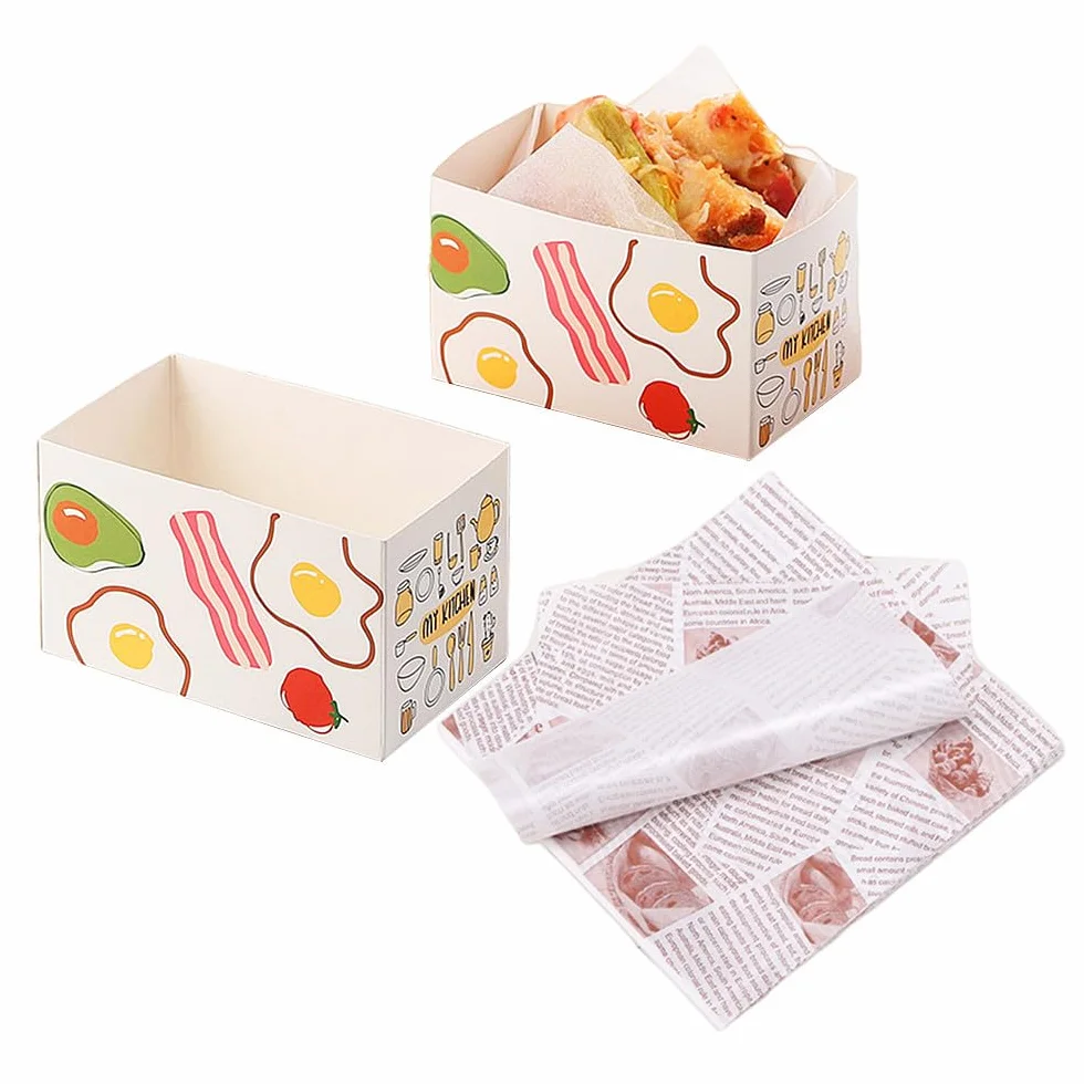 Confezione da 50 contenitori di carta da asporto, mini scatole per hamburger, scatole per sandwich con 50 fogli di carta oleata